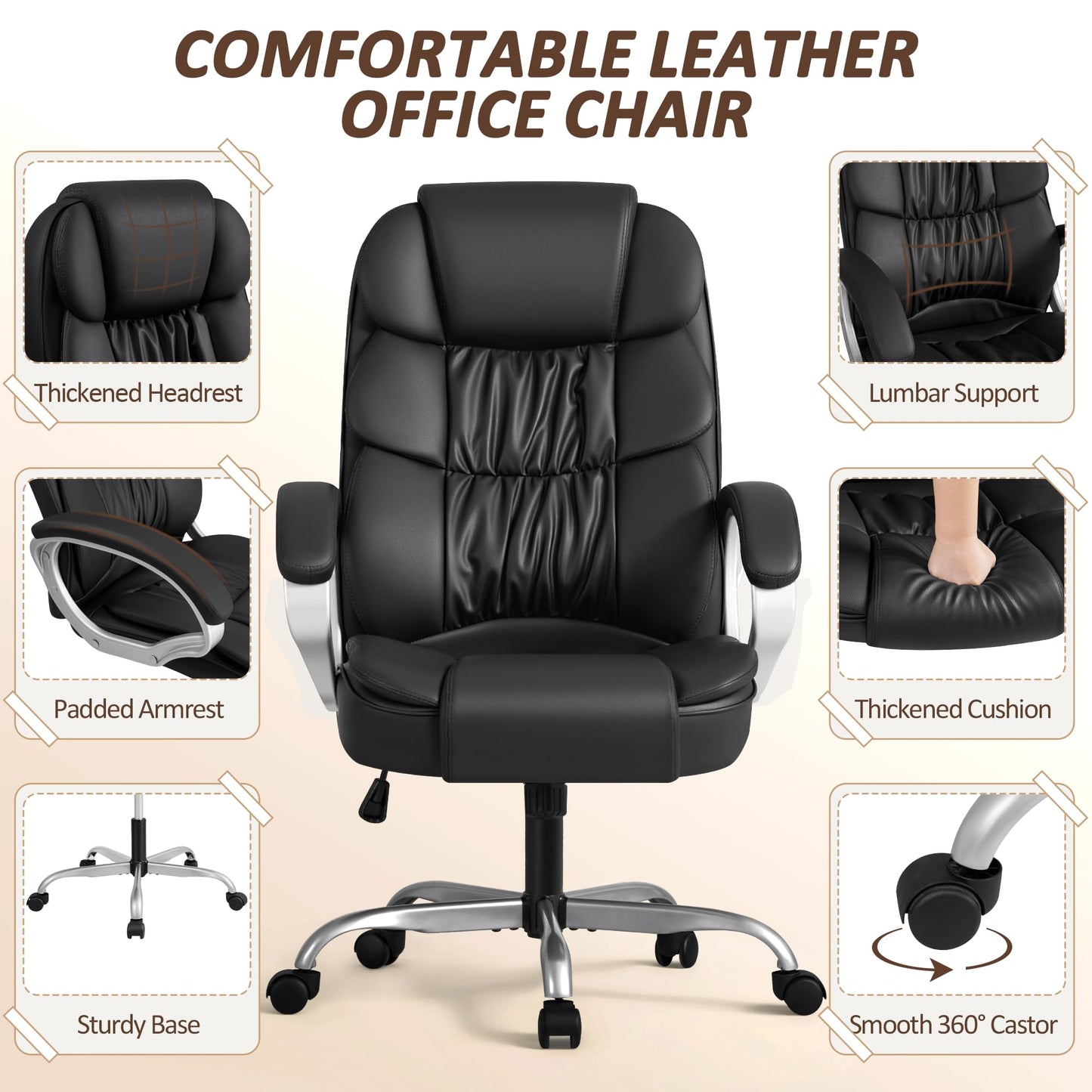 Homall Office Chair High Back Computer Desk Chair, PU Leather Adjustable Height Modern Executive Swivel Task Chair with Padded Armrests and Lumbar Support (Black) - Medaid International