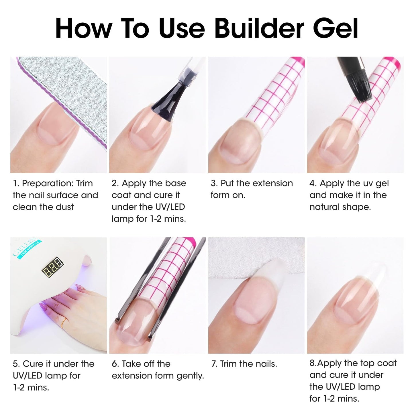 Gellen Professional Extension Poly Gel Soak Off UV Builder Gel Set Acrylic Nail Kit, DIY Home Gel Manicure (15ml, 4 Colors), Peach Clear Pink Lavender - Medaid International