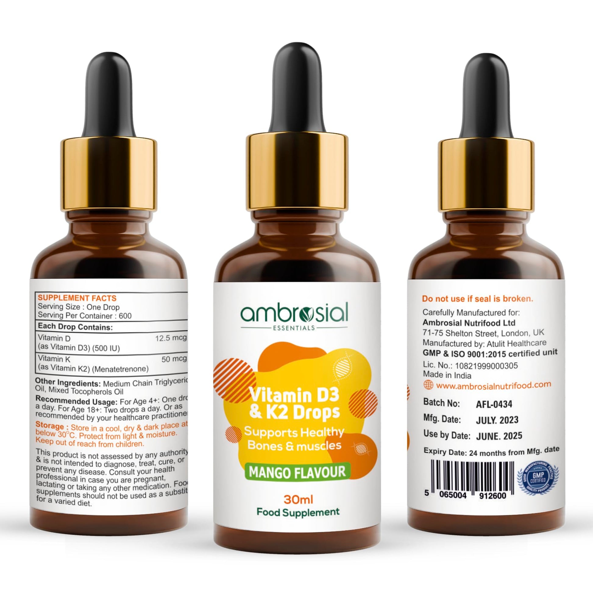 AMBROSIAL Vitamin D3 K2 Drops - for Adults and Kids (Pack of 1-30ml) - Medaid International