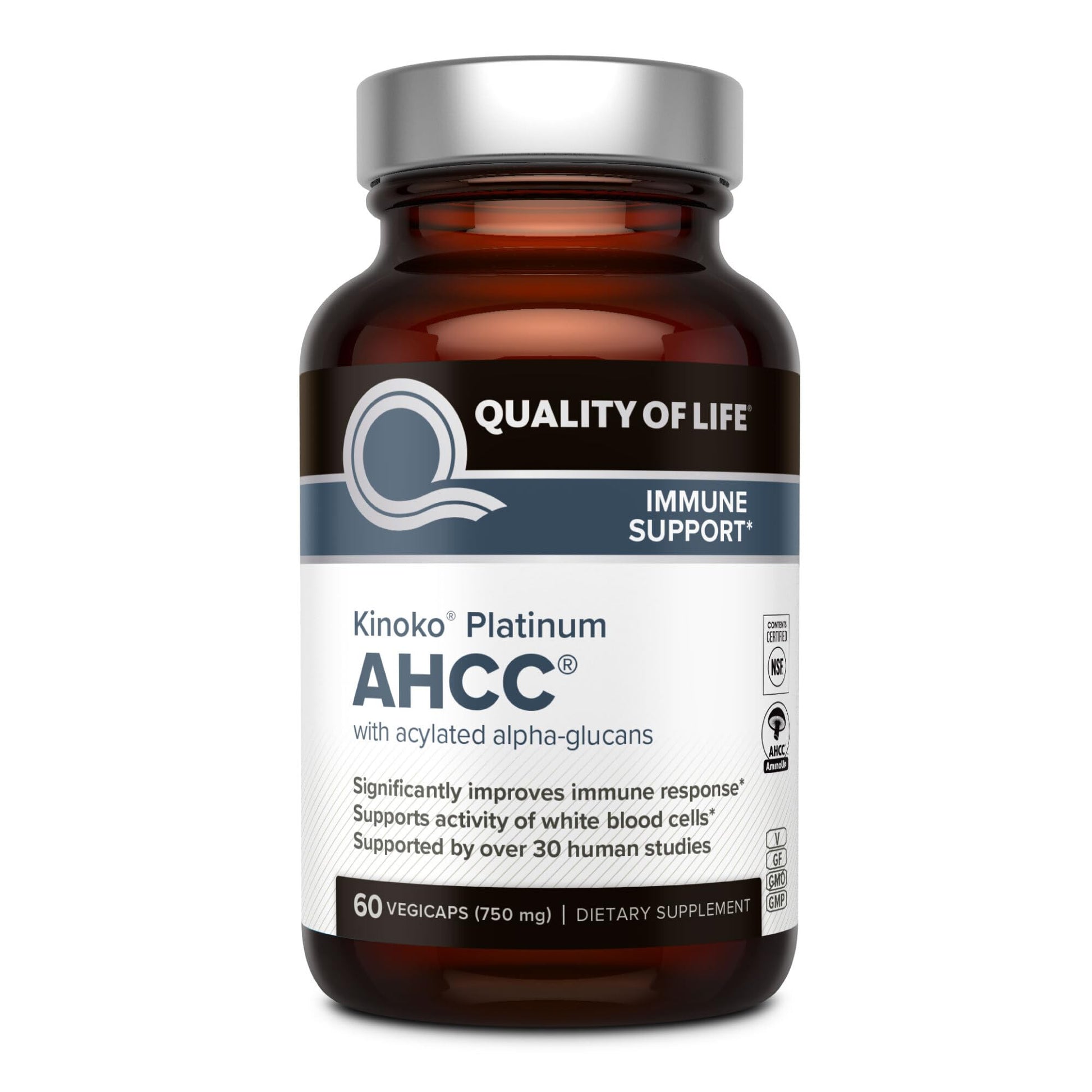 Quality of Life Premium Kinoko Platinum AHCC Herbal Supplement, 750mg per Capsule, for Immune Support, Liver Function, Maintains Natural Killer Cell Activity, Pack of 1, 60 Veggie Capsules - Medaid International