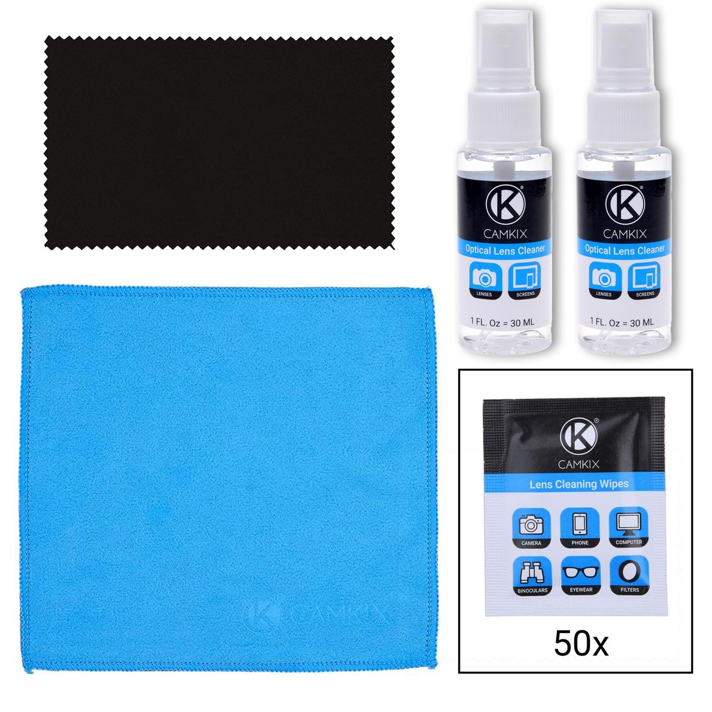 Lens and Screen Cleaning Kit - 2 Spray Bottles, 2 Microfiber Cloths (Size L + S), 50 Individually Wrapped Wet Tissues - for Eyeglasses, Sunglasses, Camera Lenses, Phone/Tablet Screens, etc. - Medaid International