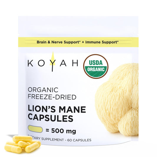 KOYAH Organic Lion's Mane Capsules - USA Grown, 100% Fruiting Body, Freeze-Dried, 3rd Party Tested for Beta-Glucans, 500 mg, Non-GMO, Vegan. Brain & Nerve Support. Immune Support. 60 Capsules - Medaid International