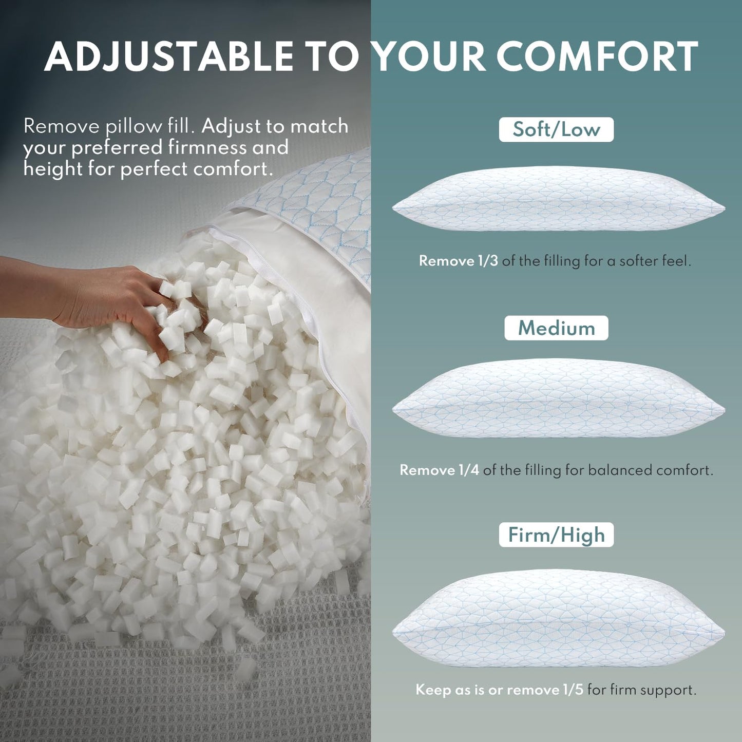 COZSINOOR Cooling Pillows Queen Size Set of 2 for Sleeping - Adjustable Shredded Memory Foam Pillows 2 Pack, Cool Pillow for Back, Side and Stomach Sleepers, Bed Pillow Removable Cover Washable - Medaid International