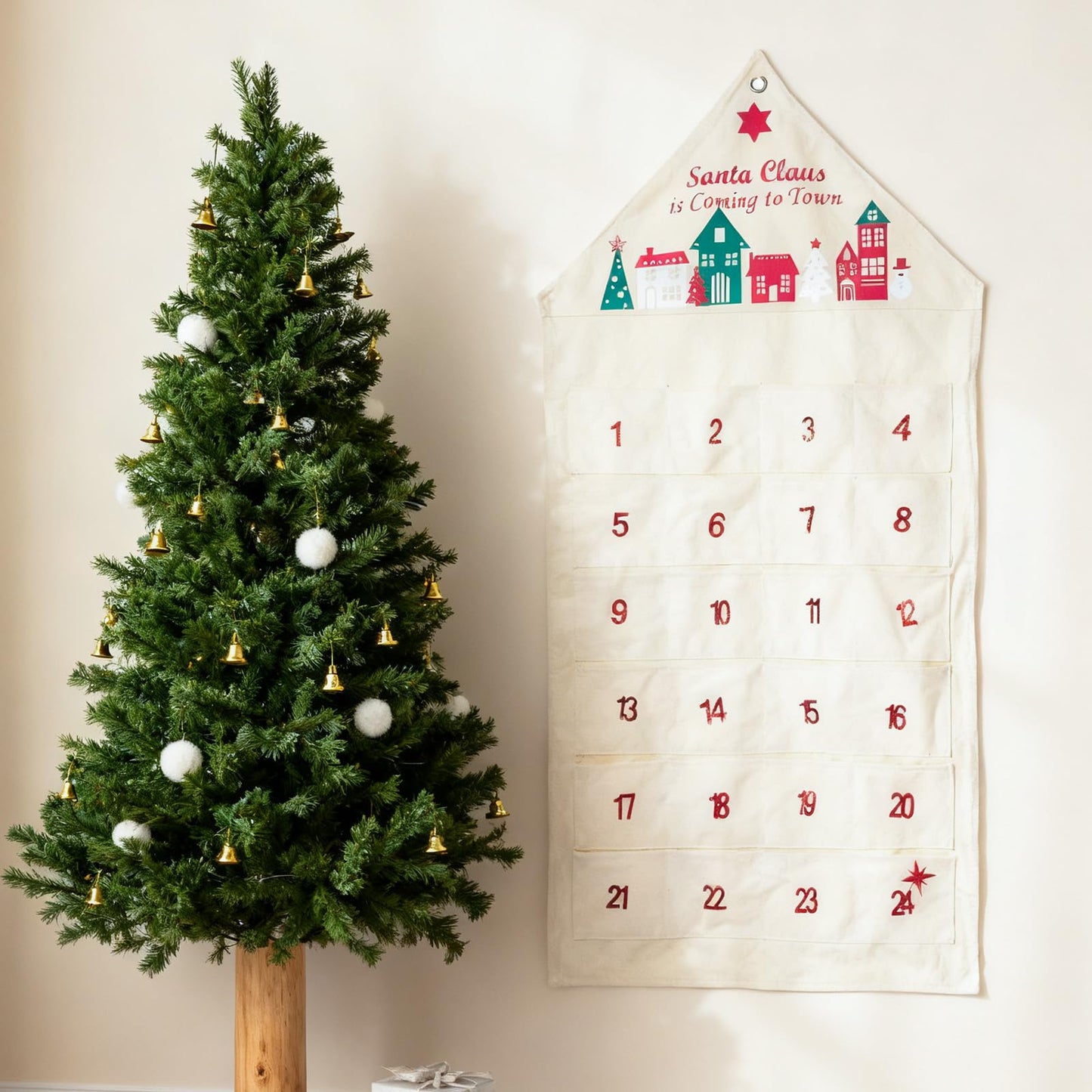 DN DECONATION Hanging Advent Calendar 24 Pockets Fabric Christmas Countdown Decor for Wall Home Door Fireplace Xmas Gift (Red) - Medaid International