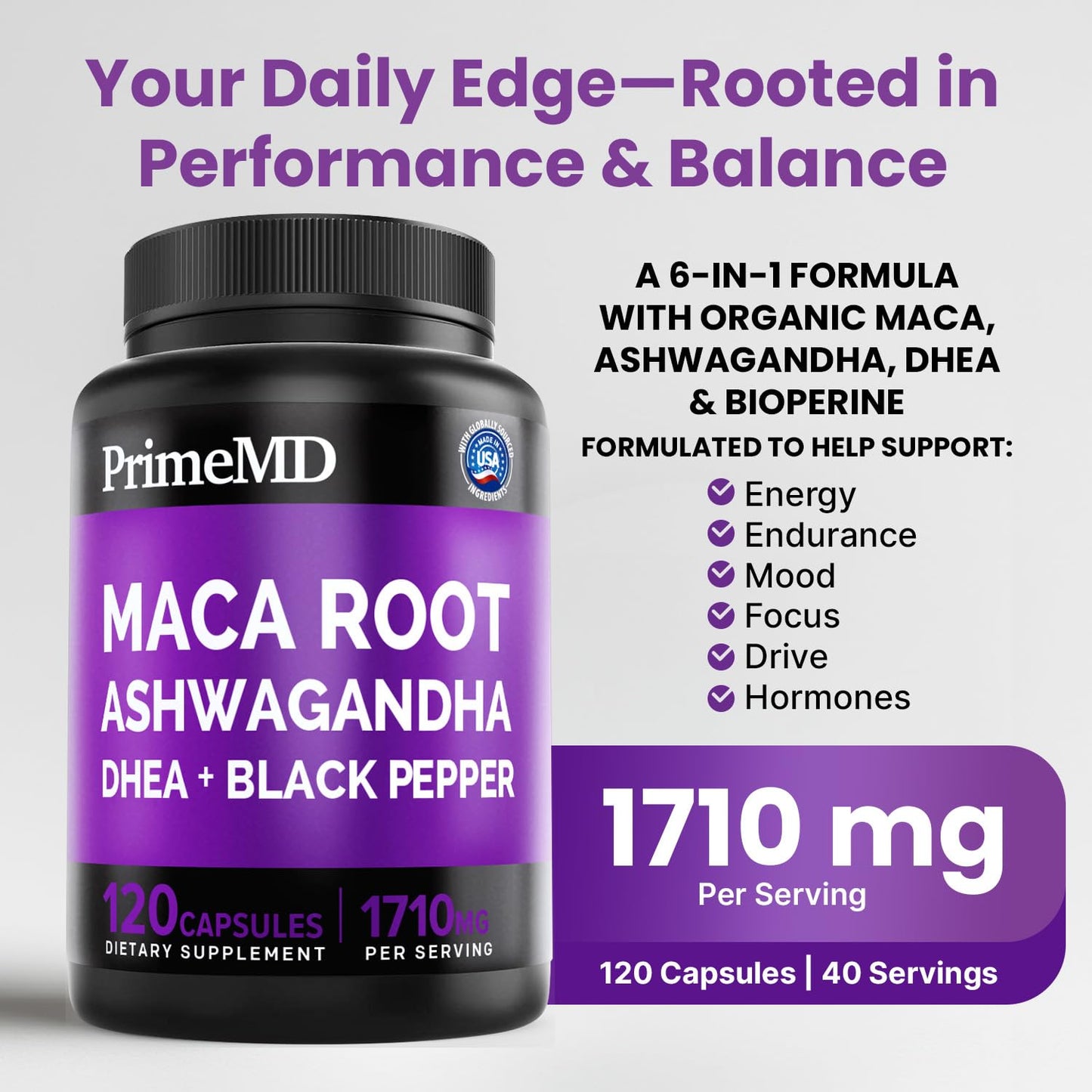 6-in-1 Organic Maca Root Ashwagandha Capsules 1710mg with DHEA and Black Pepper Fruit Extract for Women and Men - Black Maca Supplement for Stamina, Bone and Mood Support Supplement, 120 count - Medaid International
