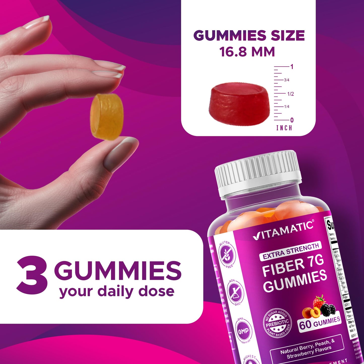 Vitamatic Prebiotic Fiber Gummies for Adults – 7g Fiber per Serving – 60 Pectin-Based Gummies Extra Strength, Zero Sugar Added – Supports Digestive Health & Regularity – Non-GMO, Vegan, Gluten-Free - Medaid International