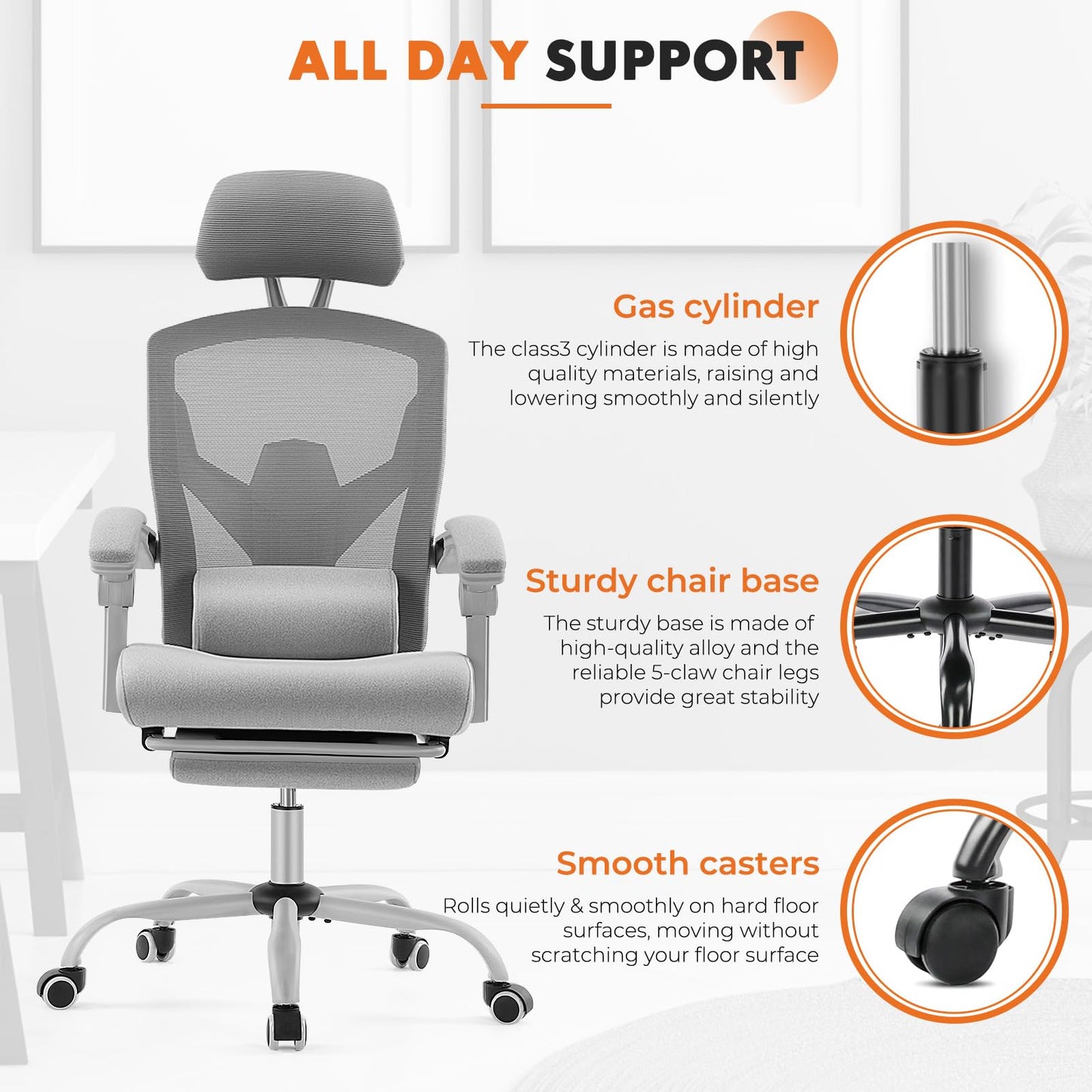 Sweetcrispy Office Computer Desk Chair, Ergonomic High-Back Mesh Rolling Work Swivel Chairs with Wheels, Comfortable Lumbar Support, Comfy Arms for Home, Bedroom, Study, Student, Classic Grey - Medaid International