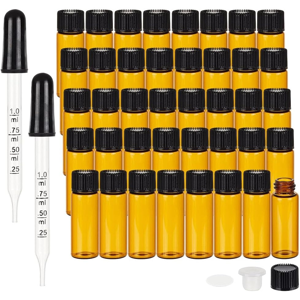 BENECREAT 40 Pack 5ml Amber Brown Glass Essential Oil Bottles Empty Glass Refillable Orifice Bottle, Glass Droppers and Labels for Aromatherapy Fragrance Cosmetic Oils - Medaid International