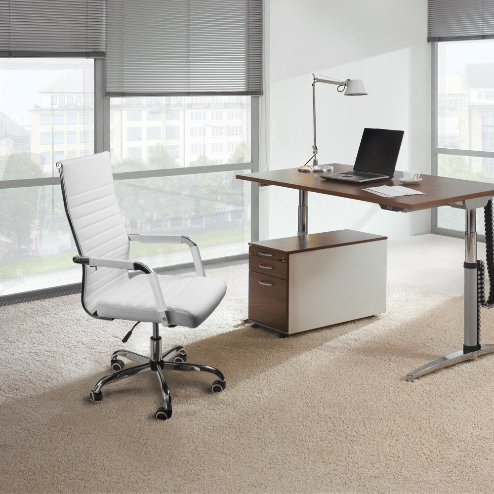 Furmax Ribbed Office Desk Chair Mid-Back PU Leather Executive Conference Task Chair Adjustable Swivel Chair with Arms (White) - Medaid International