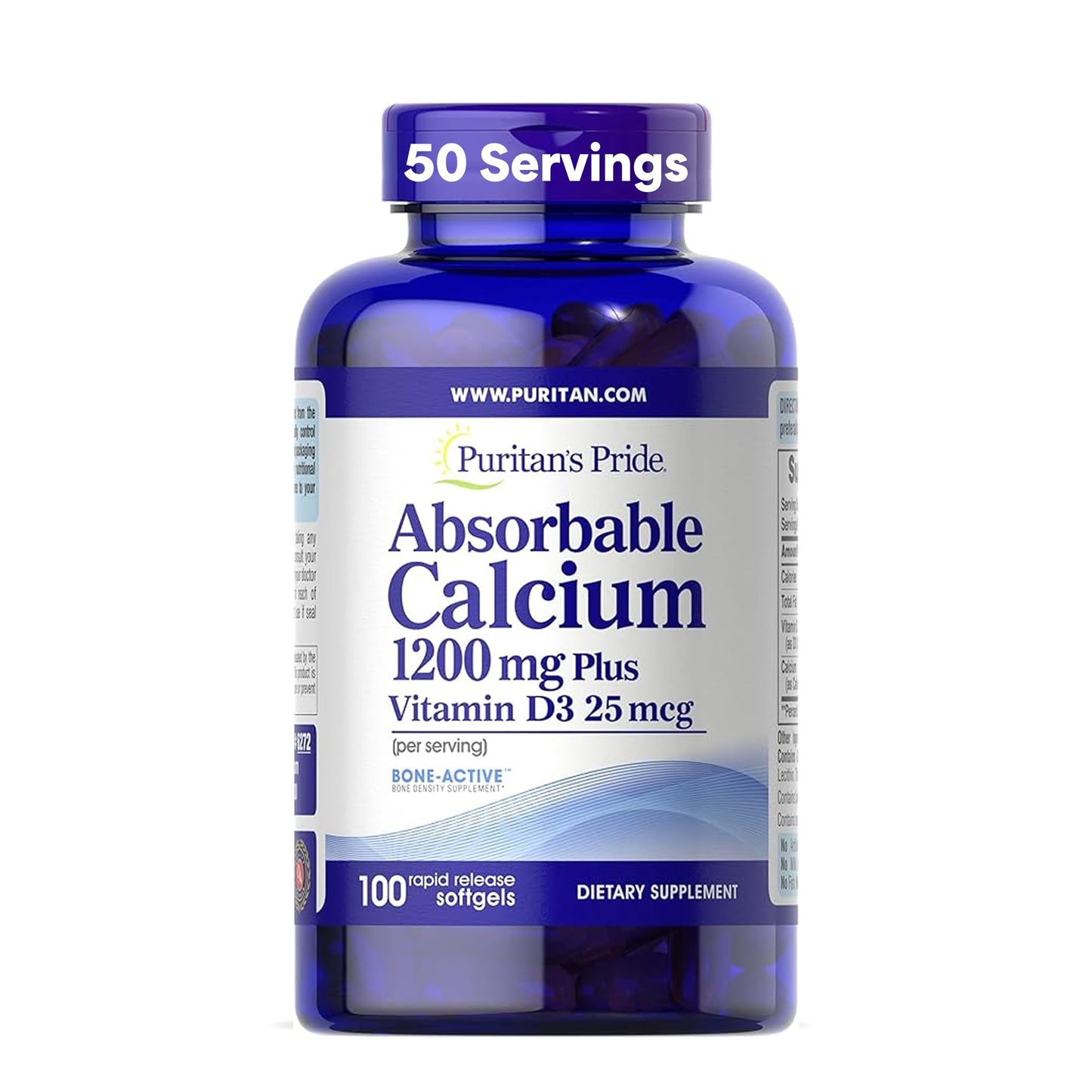 Puritan's Pride Absorbable Calcium 1200 mg Plus Vitamin D3 25mcg 1000 IU With Bone-Active™, Dietary Supplement For Bone Strength, Heart, Nerve, Muscle, And Immune Support, 100 Rapid Release Softgels - Medaid International