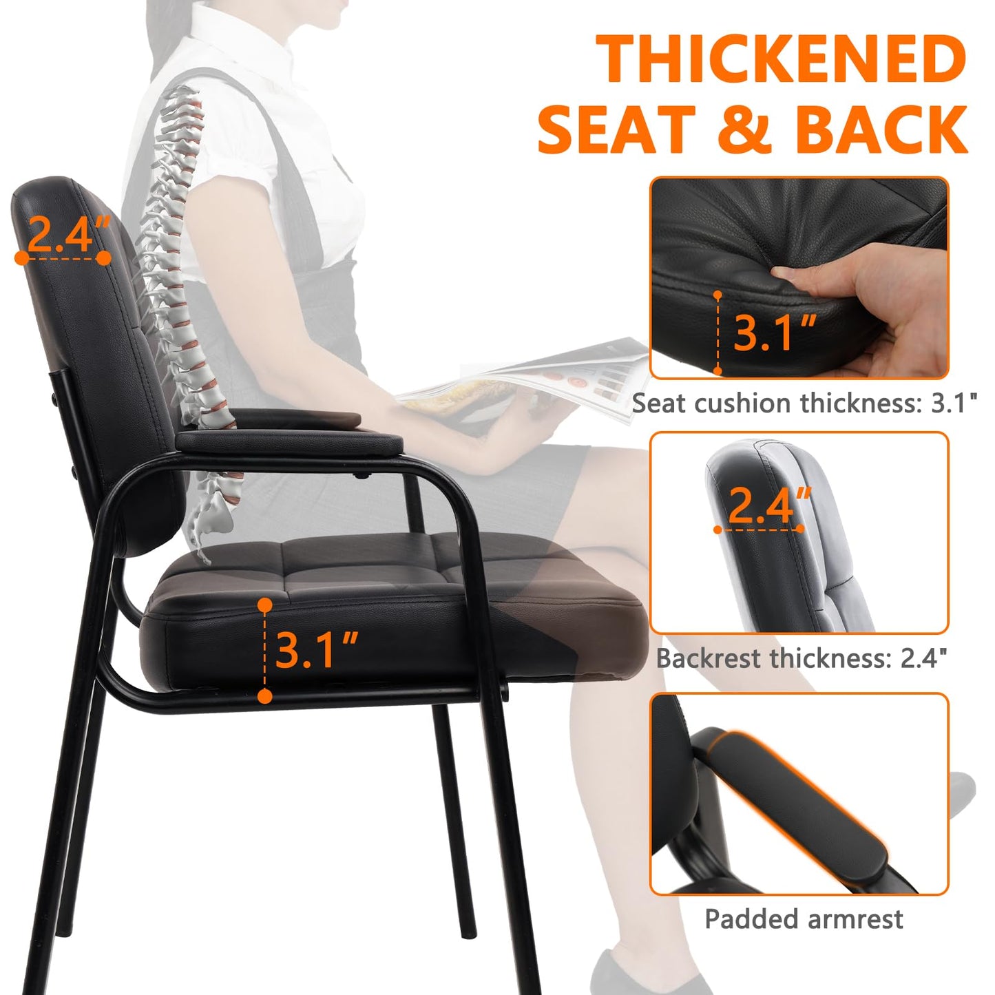 CLATINA Big & Tall 500 lbs Waiting Room Guest Chair, Leather Office Reception Chair No Wheels with Padded Arms for Elderly Home Desk Conference Room Lobby Side Salon Clinic, Black(8 Pack) - Medaid International