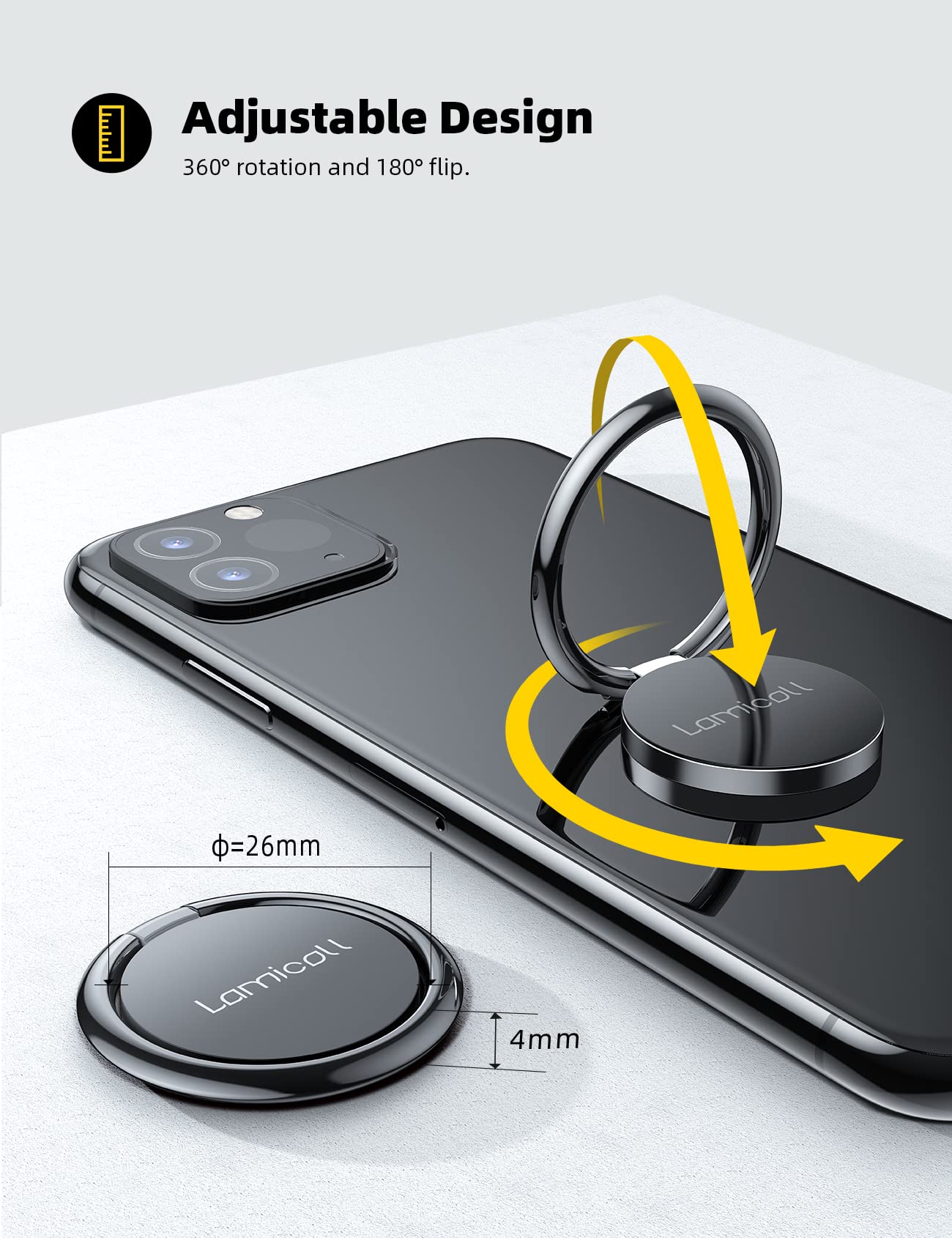 Lamicall Cell Phone Ring Holder Stand - Phone Finger Gip Kickstand, 360° Rotation Polished Metal Grip for Magnetic Car Mount, Fit for iPhone 17/16/15/14 Pro Max Air, Android Smartphone Accessories - Medaid International