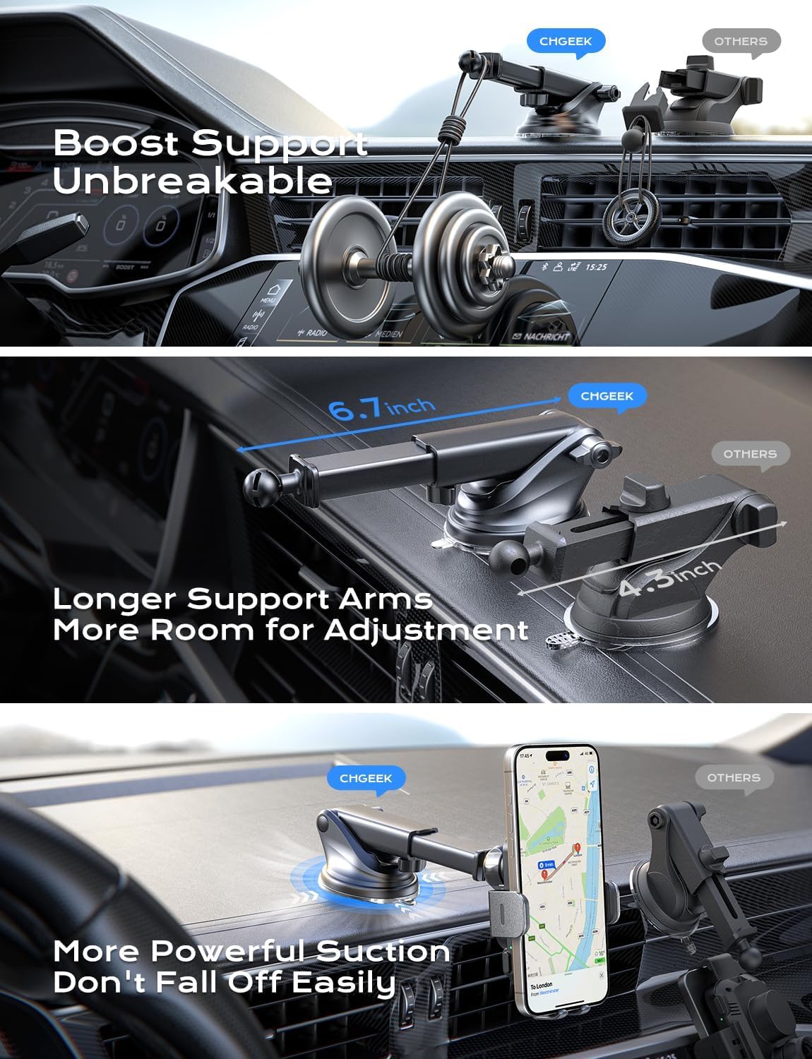 CHGeek Wireless Charger Phone Holders for Your Car, 15W Fast Charging Car Phone Holder Mount, Auto Clamping Truck Cradle Phone Mount for Car, Windshield Dashboard Air Vent Holder - Medaid International