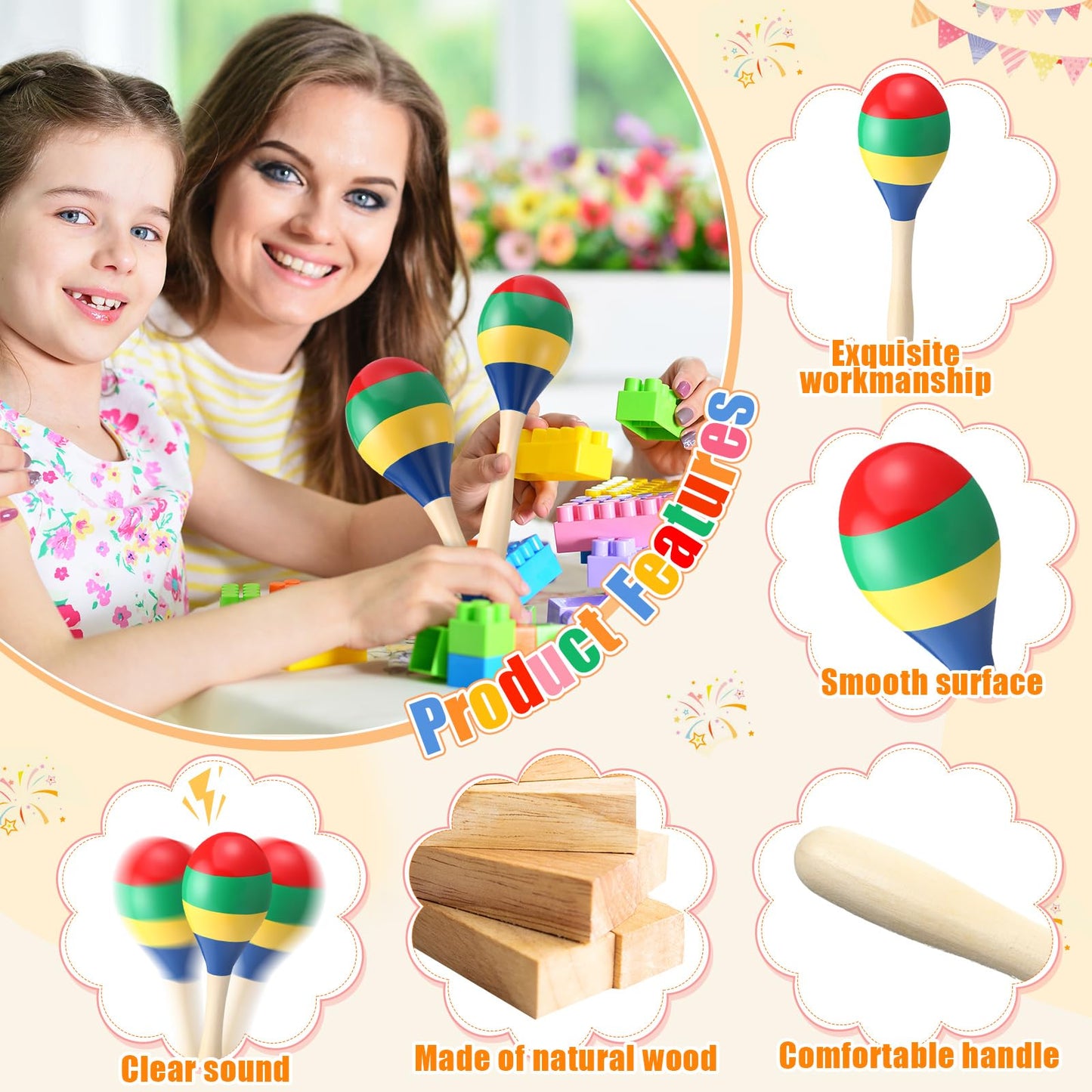 Boao 2 Pcs Wooden Maracas Wooden Hand Percussion Rattles Colorful Shaker Musical Instruments Noisemaker Musical Party Favor For Birthday Party Classroom(Classic Color) - Medaid International