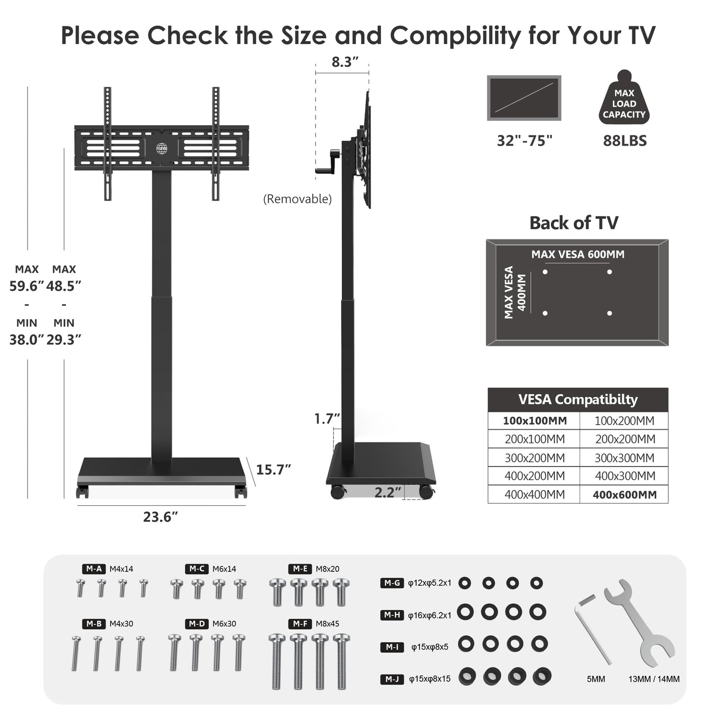 FITUEYES Hand Crank Lift TV Stand with Wheels, Tilt & Swivel Rolling TV Stand for 32-75Inch TVs, Free Height Adjustable Mobile Television Stand Holds up to 88Lbs, Iron Base Max VESA 600x400mm - Medaid International