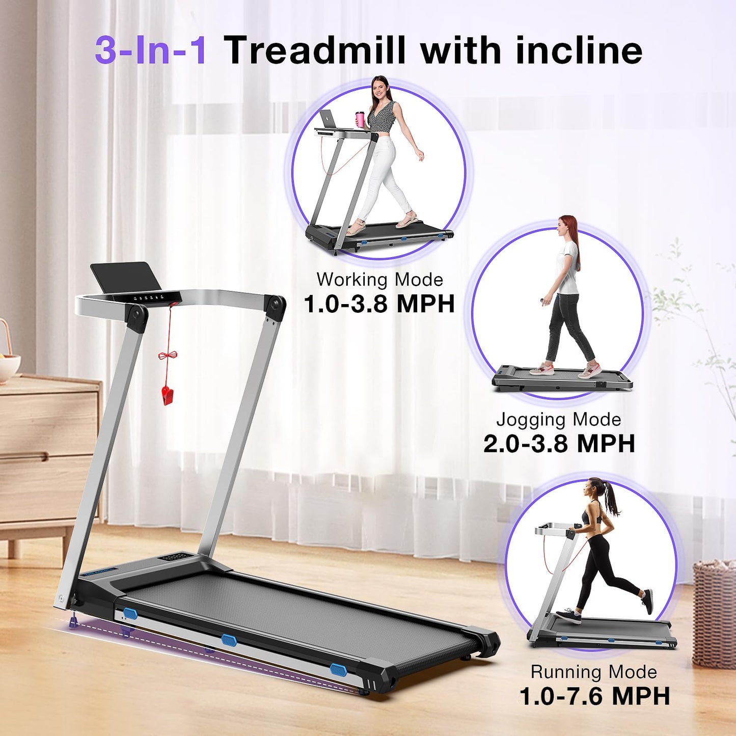 Desk Treadmill with Incline & Handle, 3 in 1 Portable Treadmill with Removable Desk Workstation, Foldable Walking Treadmills for Home Office Small Space, Voice & App & Remote Control, 2s Folding - Medaid International