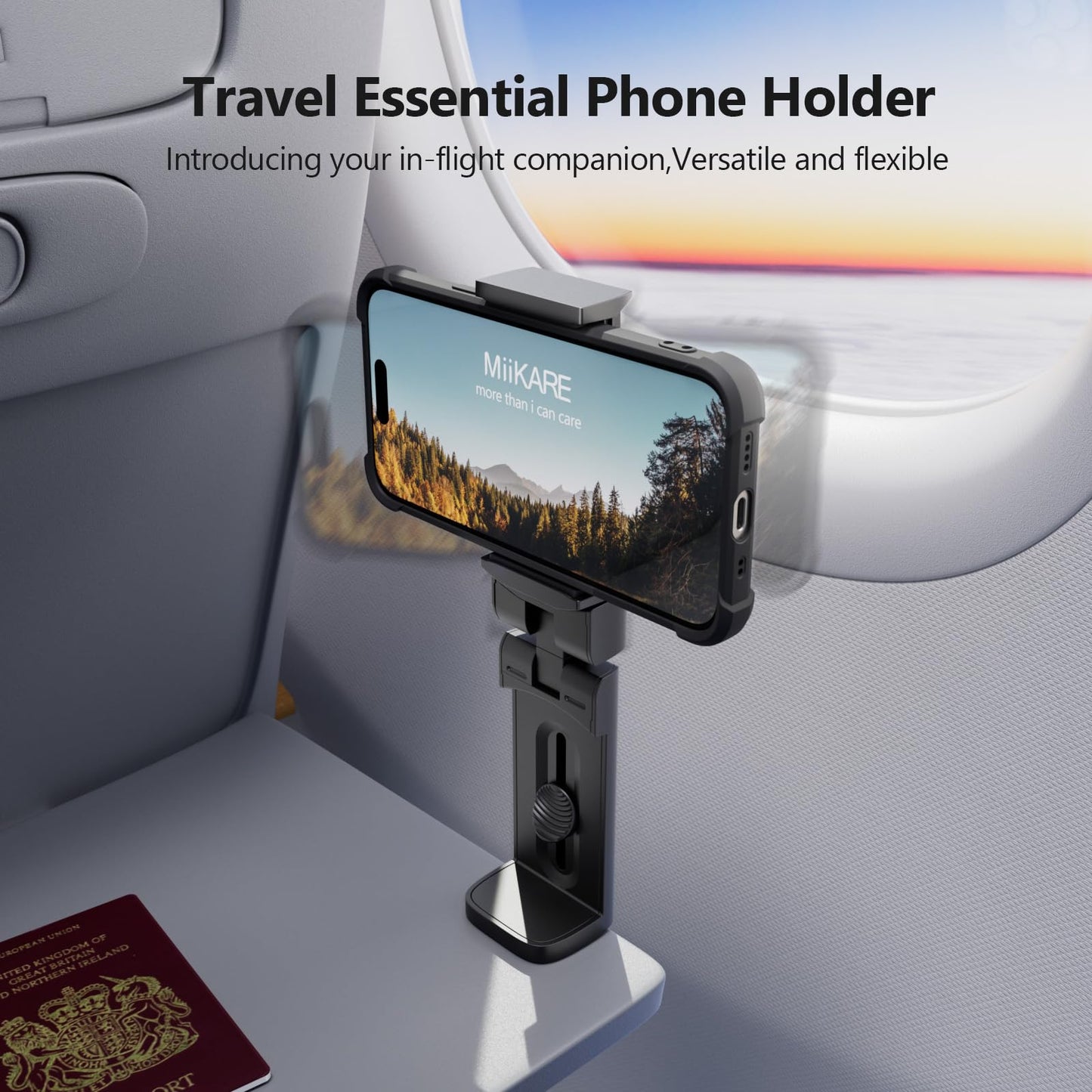 MiiKARE Airplane Travel Essentials Phone Holder, Universal Handsfree Phone Mount for Flying with 360 Degree Rotation, Accessory for Airplane, Travel Must Haves Phone Stand for Desk, Tray Table - Medaid International