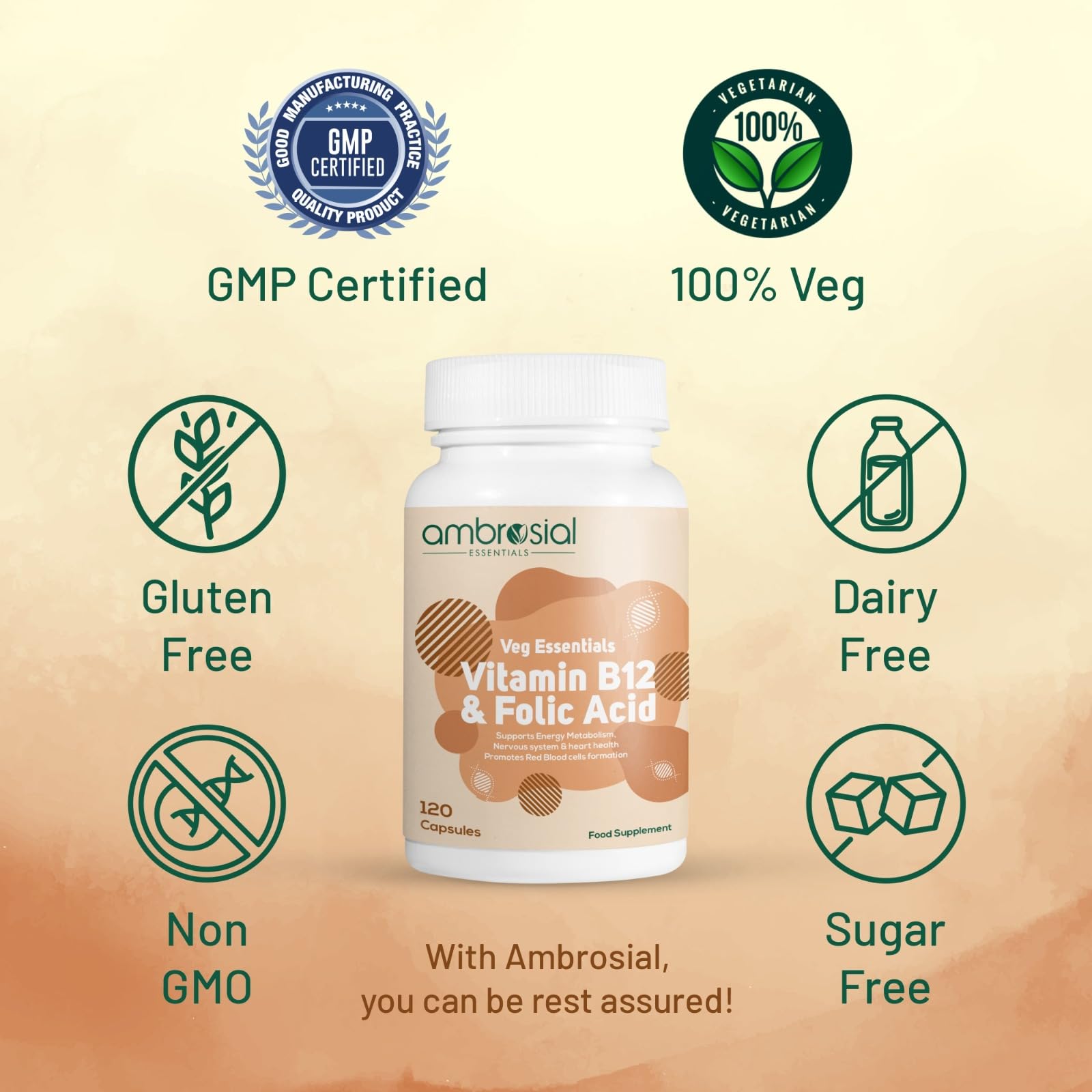 AMBROSIAL Vitamin B12 1000 mcg + 500 mcg Folic Acid Pack of 1-120 Capsules - Medaid International