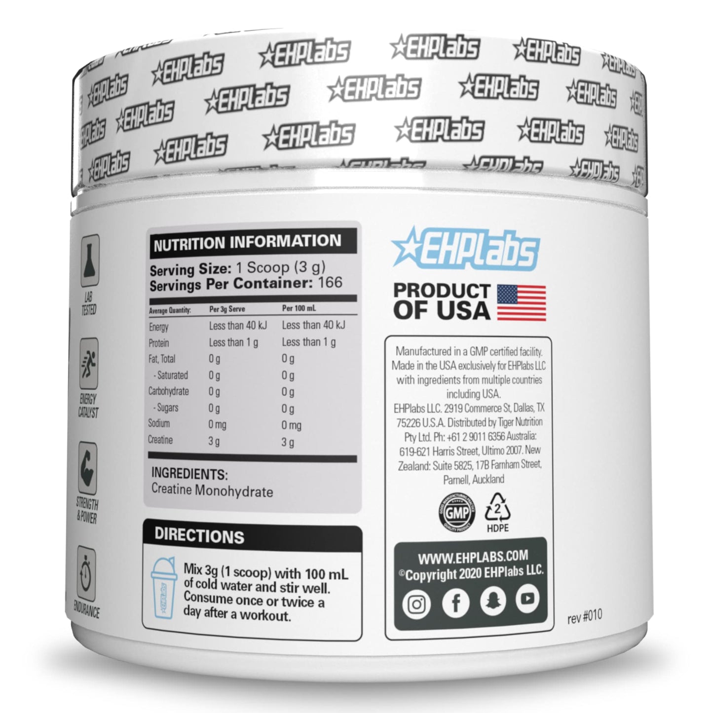 EHP Labs CREA-8 Creatine Monohydrate Powder - Unflavored Creatine Powder for Muscle Growth, Increased Strength, Enhanced Energy Output and Improved Performance - 100 Servings (500g) - Medaid International