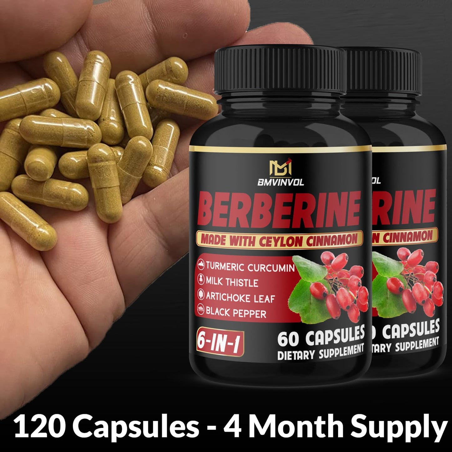 (2 Packs) Berberine Supplement Plus Ceylon Cinnamon, Turmeric, Artichoke, Milk Thistle, Black Pepper - 120 Capsules - 4 Months Supply - Medaid International