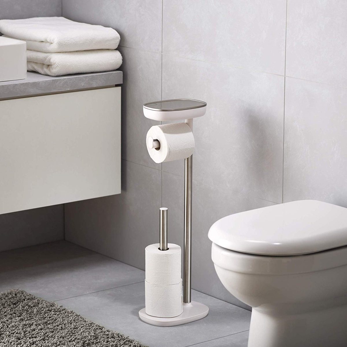 Joseph Joseph EasyStore Butler Toilet Paper Holder Stand and Spare Roll Storage with Shelf and Drawer, Stainless Steel - Medaid International