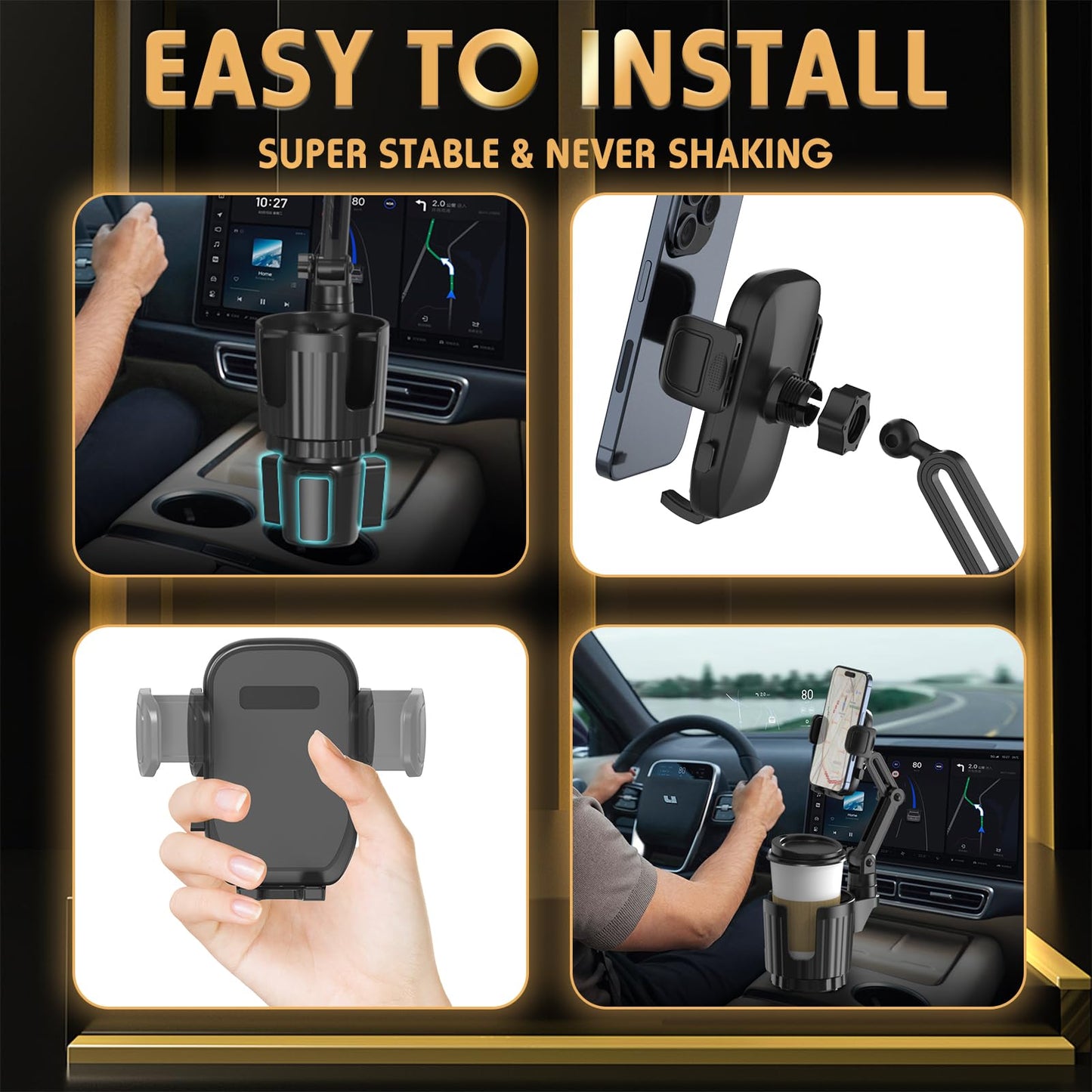 Phone Holders for Your Car, 2 in 1 Universal Cup Holder Expander Adjustable Base with Phone Mount, Long Arm with 360°Rotation Cup Holder Phones Mount for Car Compatible with All Smartphones - Medaid International
