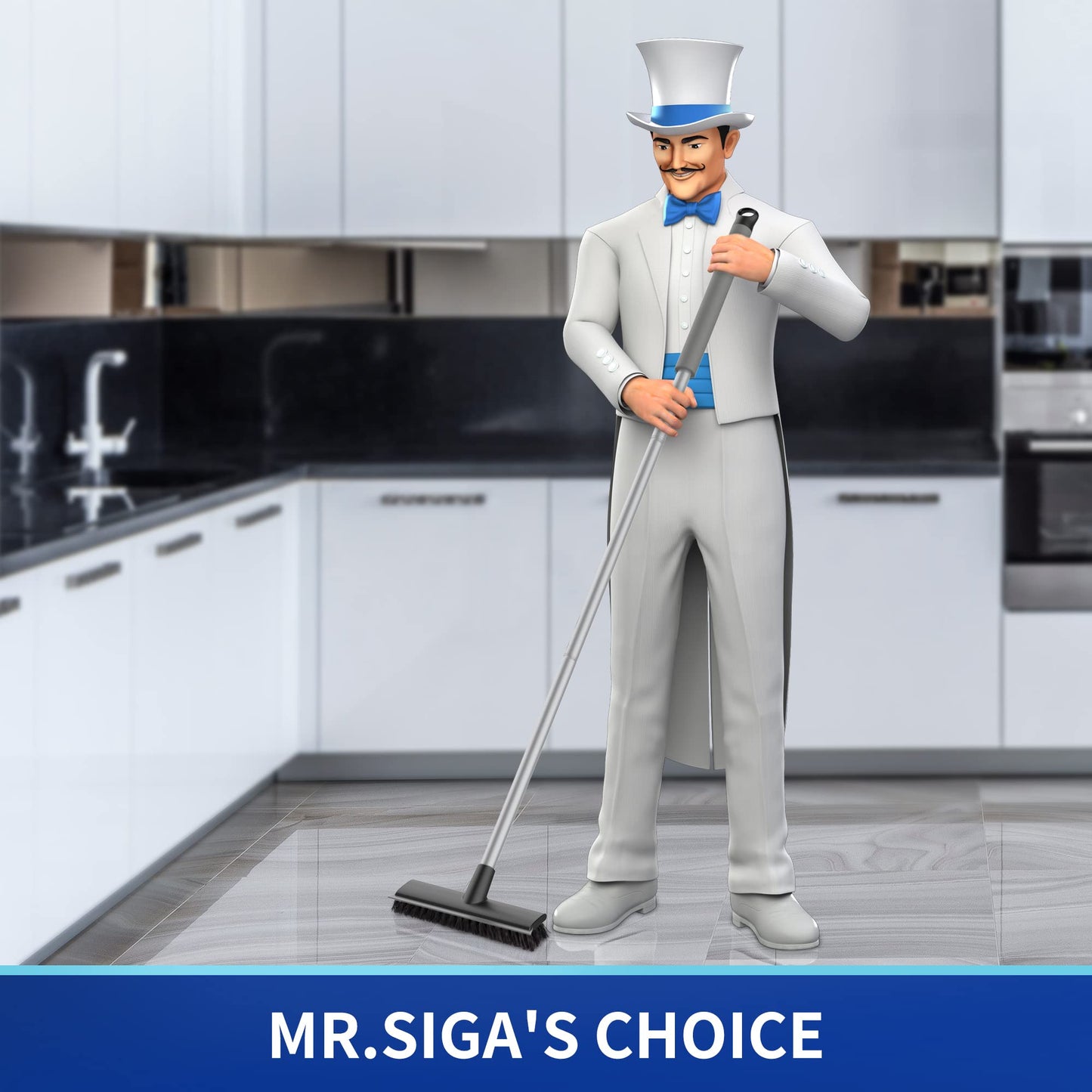 MR.SIGA Floor Scrub Brush with Long Handle, 2 in 1 Scrubber and Squeegee for Cleaning Bathroom, Patio, Garage, Wall, Tile with Stiff Bristles - Medaid International