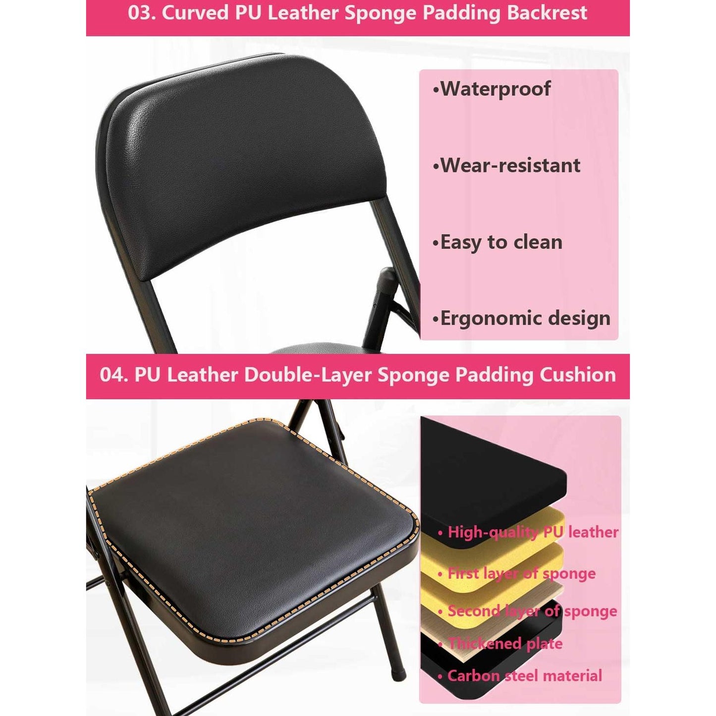 KAOCHA 1 Pack Bulk Folding Chairs with Padded Cushion, Single Black Steel Metal Frame Foldable Chair for Indoor and Outdoor, Portable Stackable Commercial Seat for Bedroom Patio Party Event - Medaid International