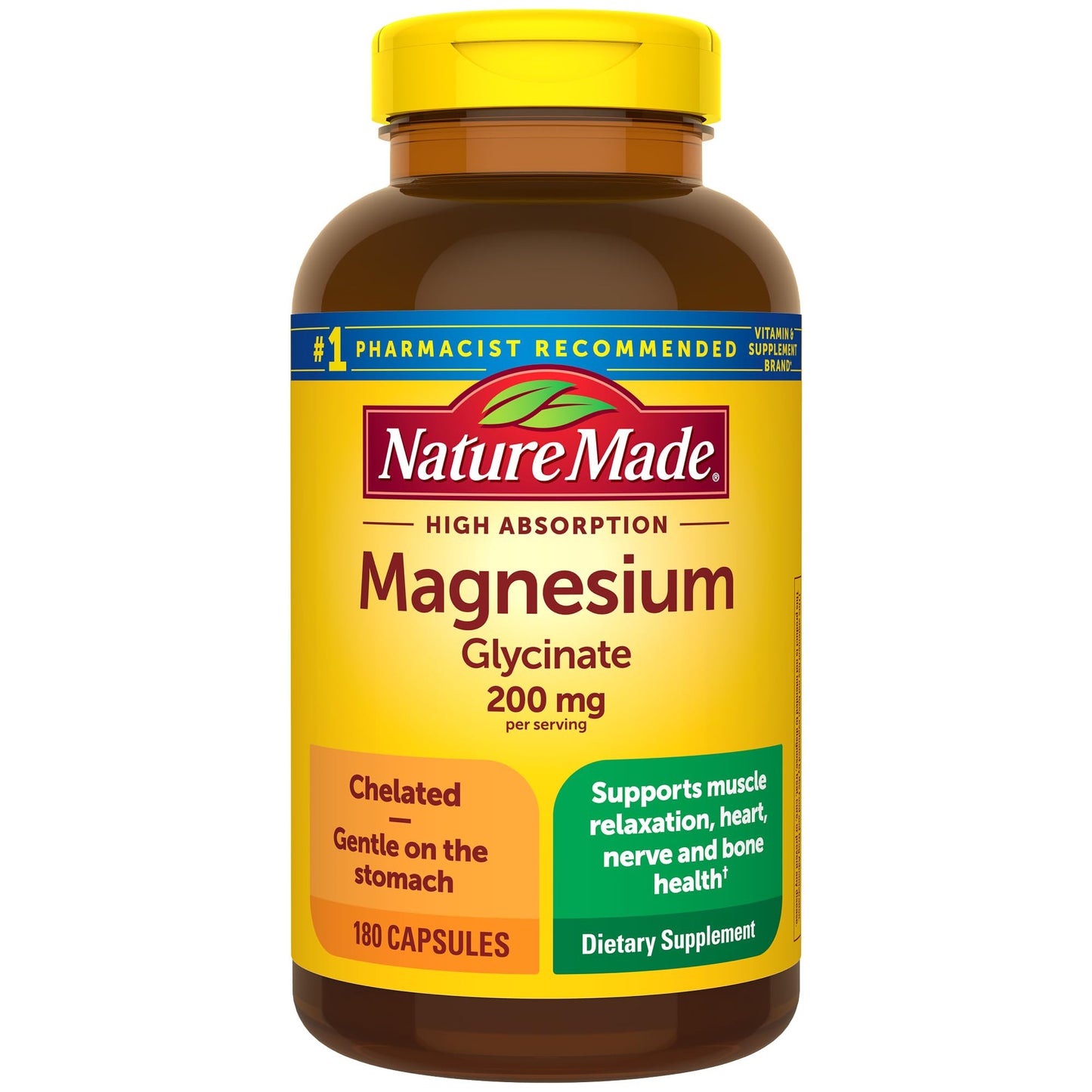 Nature Made Magnesium Glycinate 200 mg per serving, Magnesium Supplement for Muscle, Heart, Nerve and Bone Support, 180 Magnesium Bisglycinate Capsules, 90 Day Supply - Medaid International