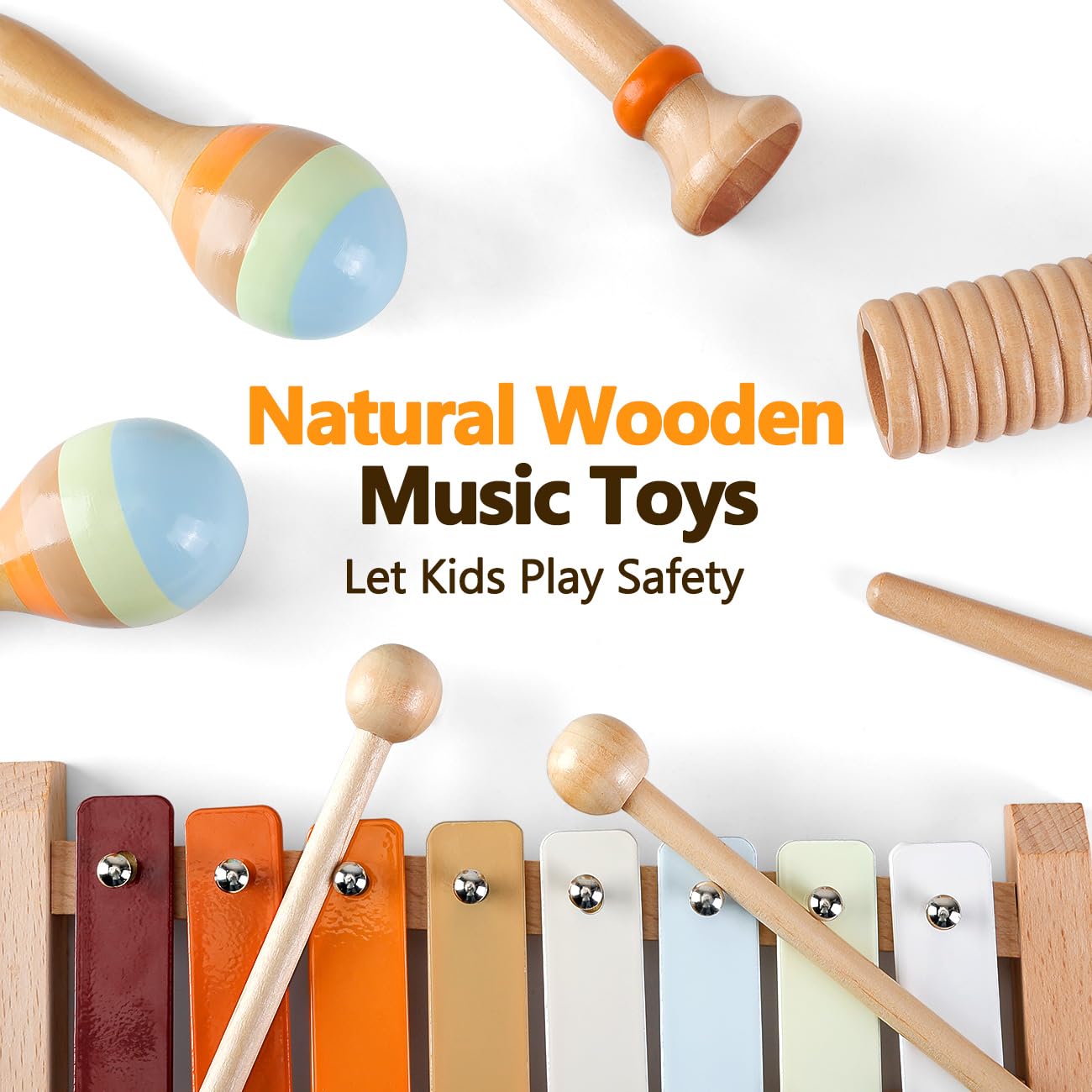 Baby Musical Instruments - Montessori Musical Toys for Toddlers 1-3, Wooden Percussion Instruments Set, Neutral Colors Modern Boho Music Toys for 1 Year Old, Kids Preschool Educational Birthday Gifts - Medaid International