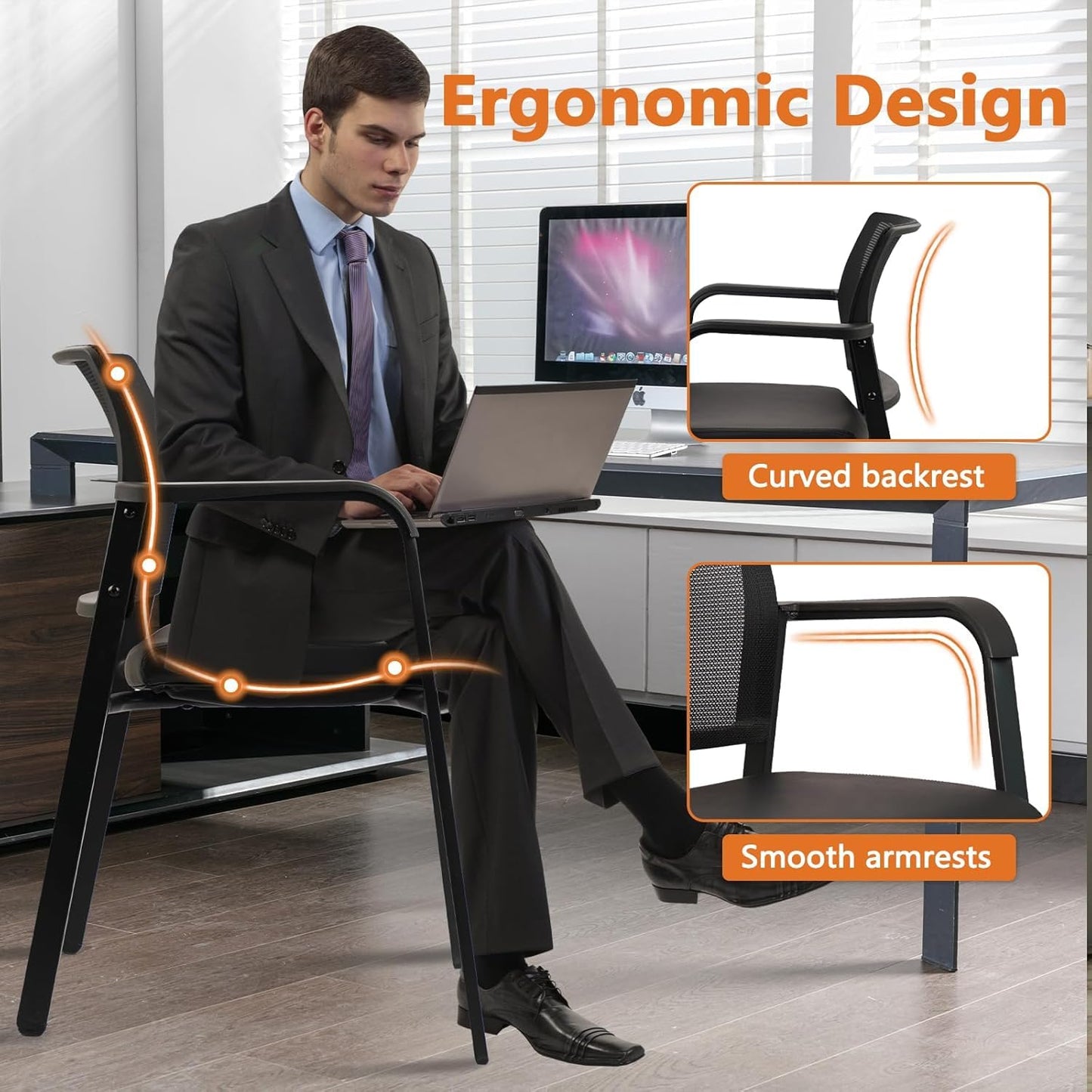 CLATINA Stackable Office Chair, Mesh Back Guest Chairs with Comfortable Leather Seat Arms Stacking Ergonomic Desk Chair No Wheels for Conference Waiting Reception School Stationary, Black, Set of 8 - Medaid International