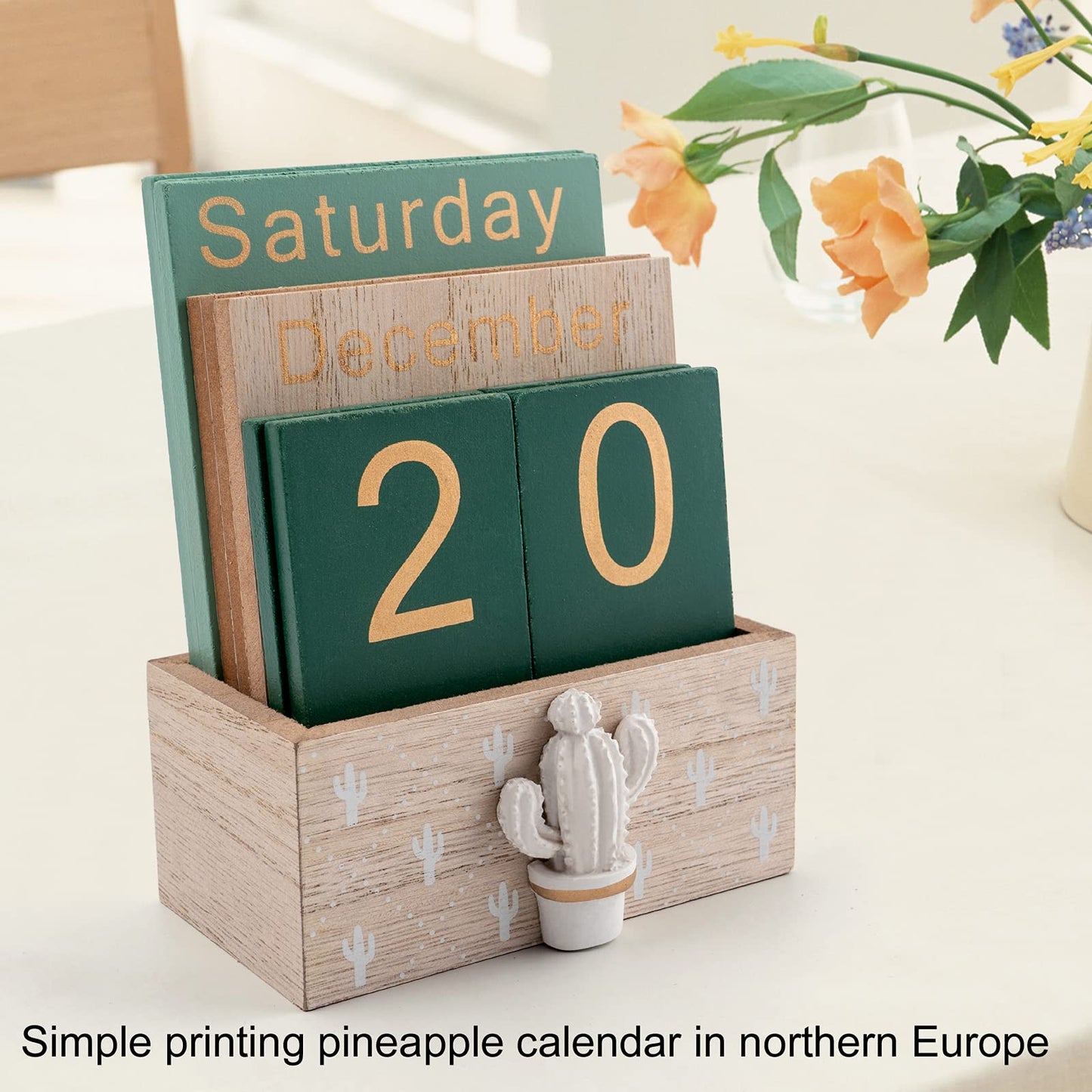 Notakia Perpetual Calendar, Wooden Calendar for Home Office Desk Accessories Vintage Wood Block Calendar(Green) - Medaid International