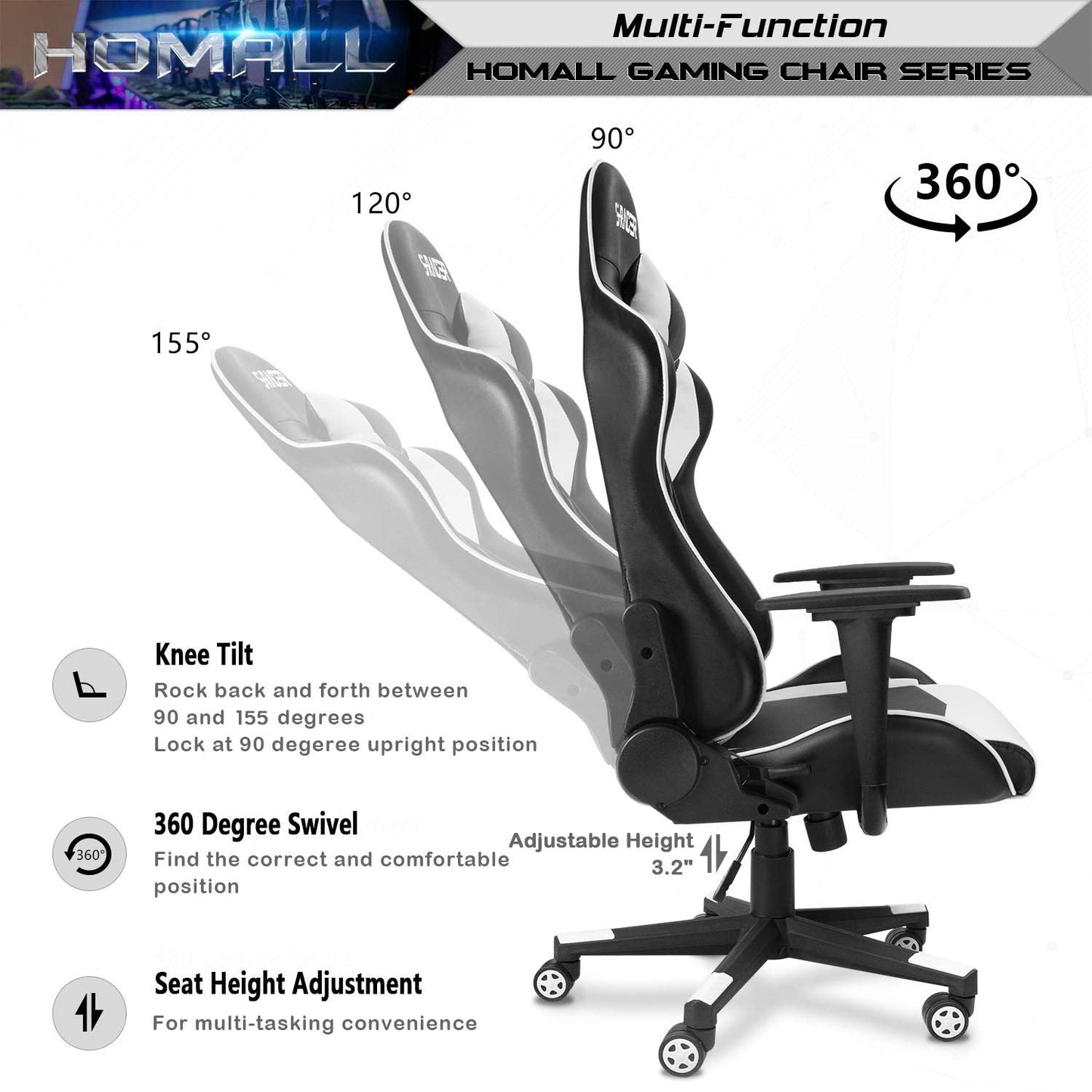 Homall Gaming Chair, Office Chair High Back Computer Chair Leather Desk Chair Racing Executive Ergonomic Adjustable Swivel Task Chair with Headrest and Lumbar Support (White) - Medaid International