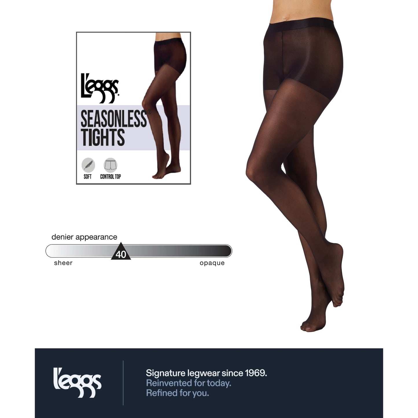L'eggs Casual Women's Seasonless Tights for Year Round Wear, Same to Waist, Sheer Toe, Black, Size Large (Pack of 1) - Medaid International