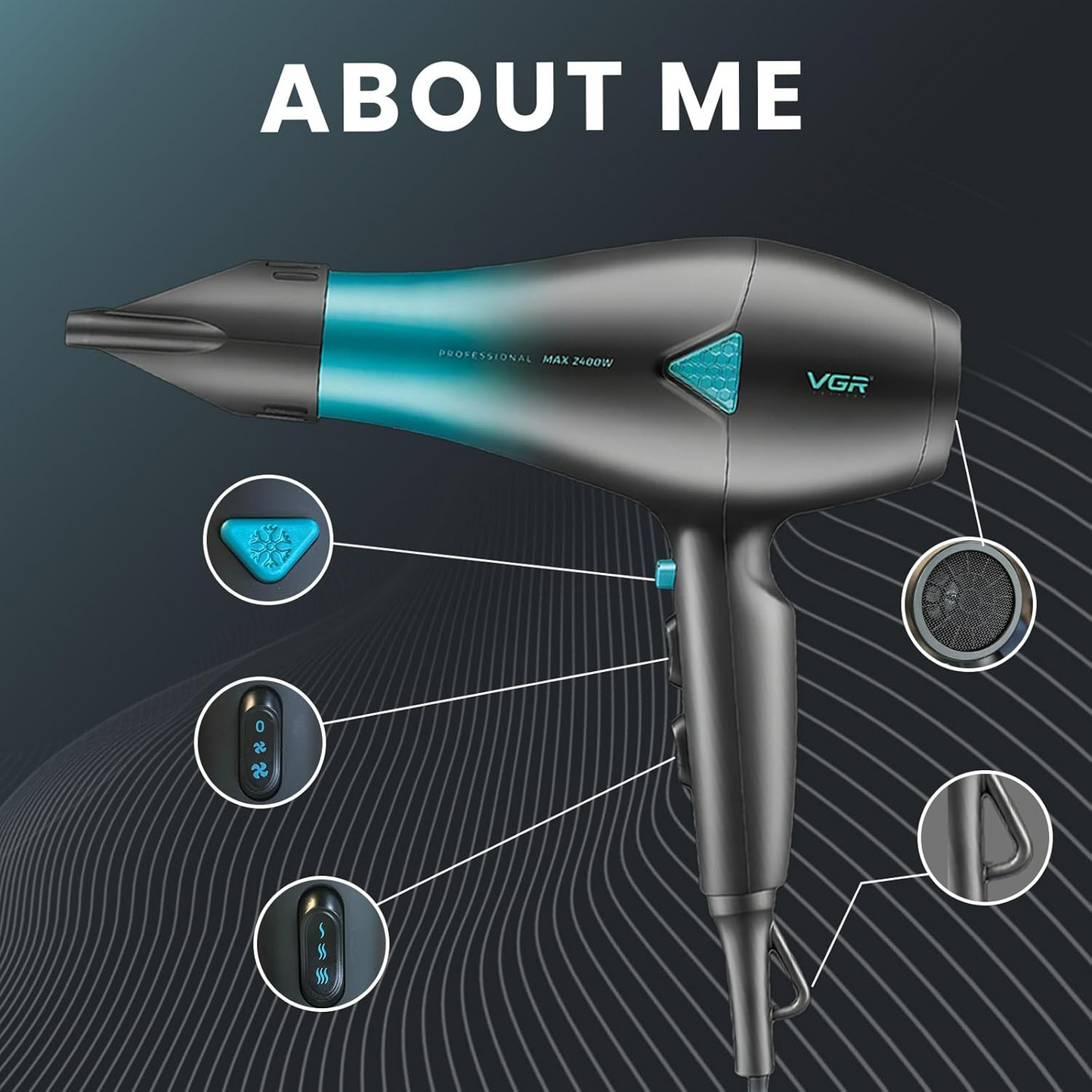 VGR V455 Professional Hair Dryer for both men and women, Independent Cool Shot, 3 Heat and 2 Speed Settings, Detachable Rear Cover - Medaid International