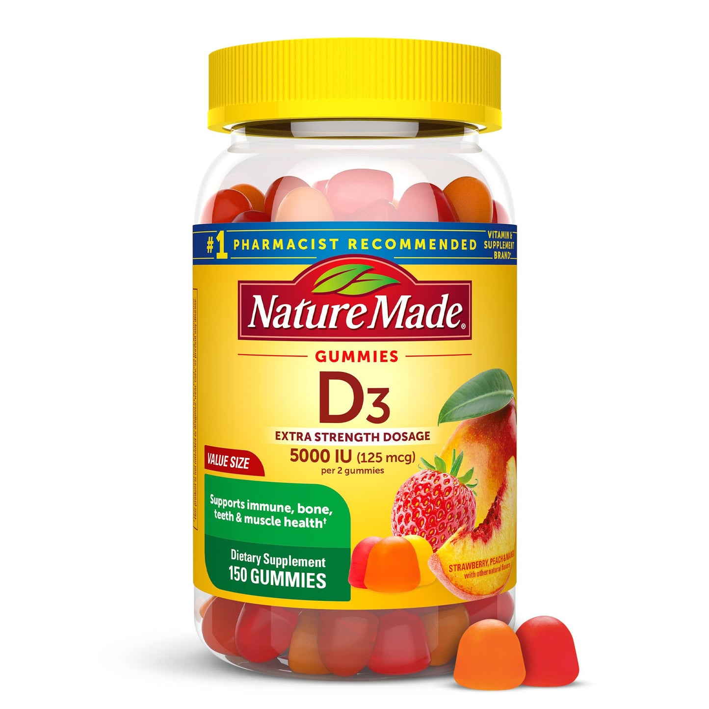 Nature Made Vitamin D3 5000 IU Per Serving Gummies Extra Strength, Bone and Immune Health Support, 150 Vitamin D Gummies for Adults, 75 Day Supply - Medaid International