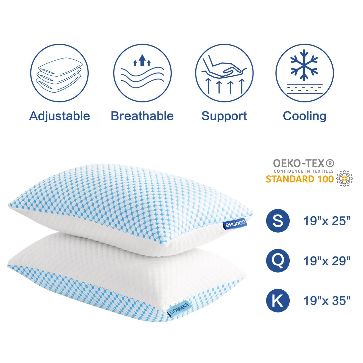 EASELAND Firm Pillow Shredded Memory Foam(Adjustable Loft), Cooling Breathable for Sleeping Queen Size 2 Pack - Medaid International