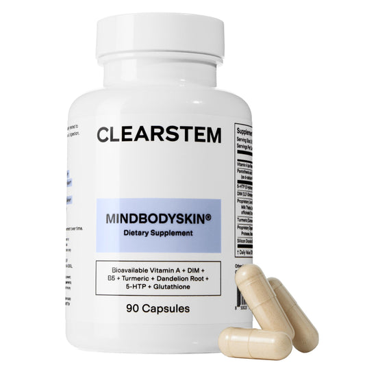 CLEARSTEM - MINDBODYSKIN Hormonal Acne Supplement (5-HTP) - Natural DIM Supplement - Skin Care Vitamins - Hormone Balance, Antioxidants - Gluten Free, Cruelty Free - 30 Servings, 90 Capsules - Medaid International