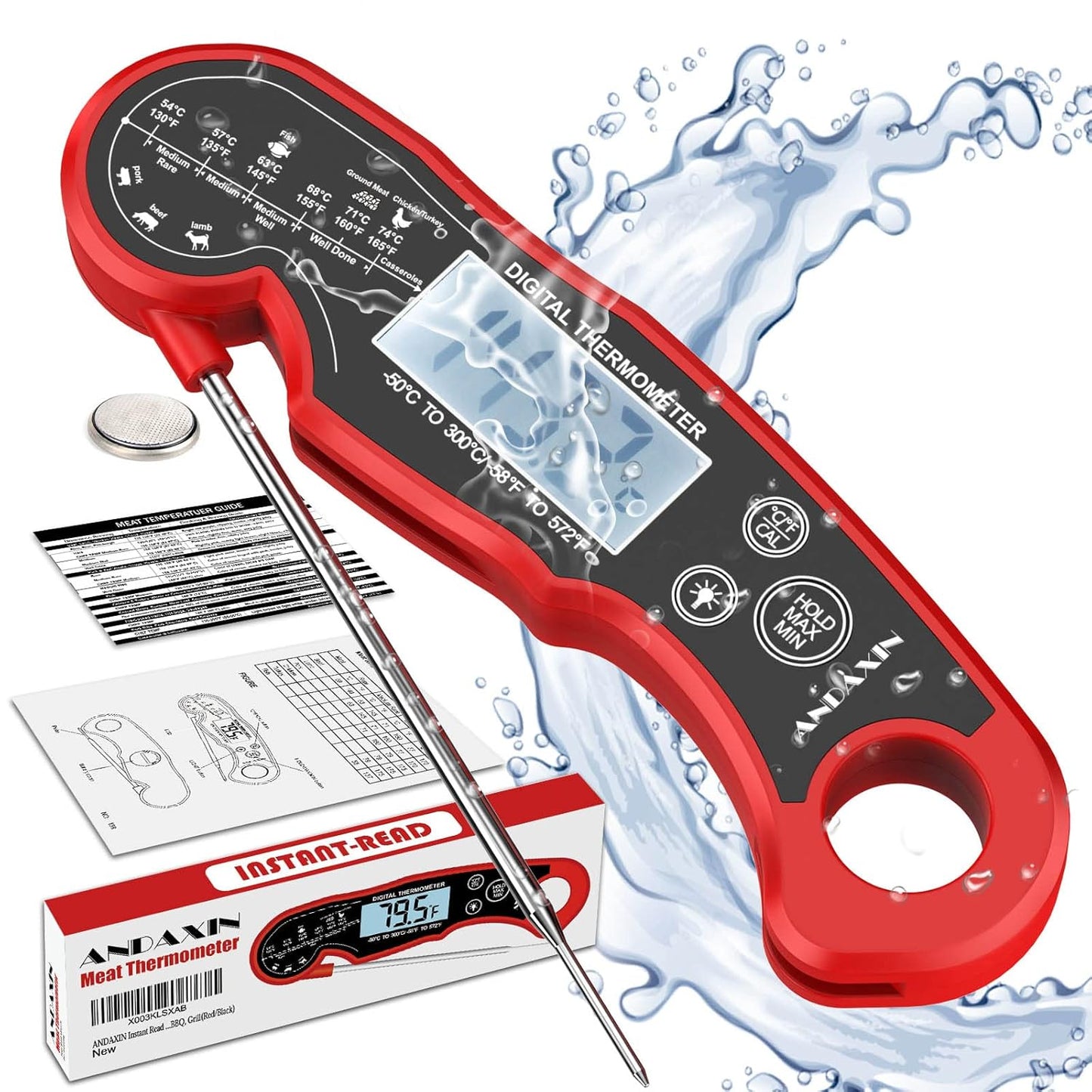 Meat Thermometer Digital for Grilling and Cooking - ANDAXIN Waterproof Ultra-Fast Instant Read Food thermometers with Backlight & Calibration for Kitchen, Deep Fry, BBQ, Grill(Red/Black), LCD - Medaid International