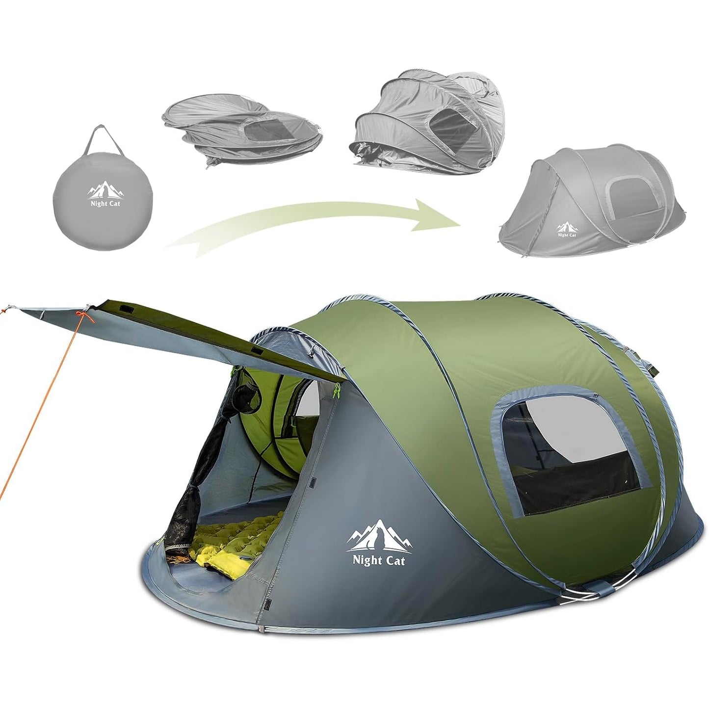 Night Cat Upgraded Pop up Tent 2-4 Persons Easy Setup in 3 Seconds Instant Camping Tent with Porch Automatic Foldable Waterproof Beach Package 40% Smaller - Medaid International