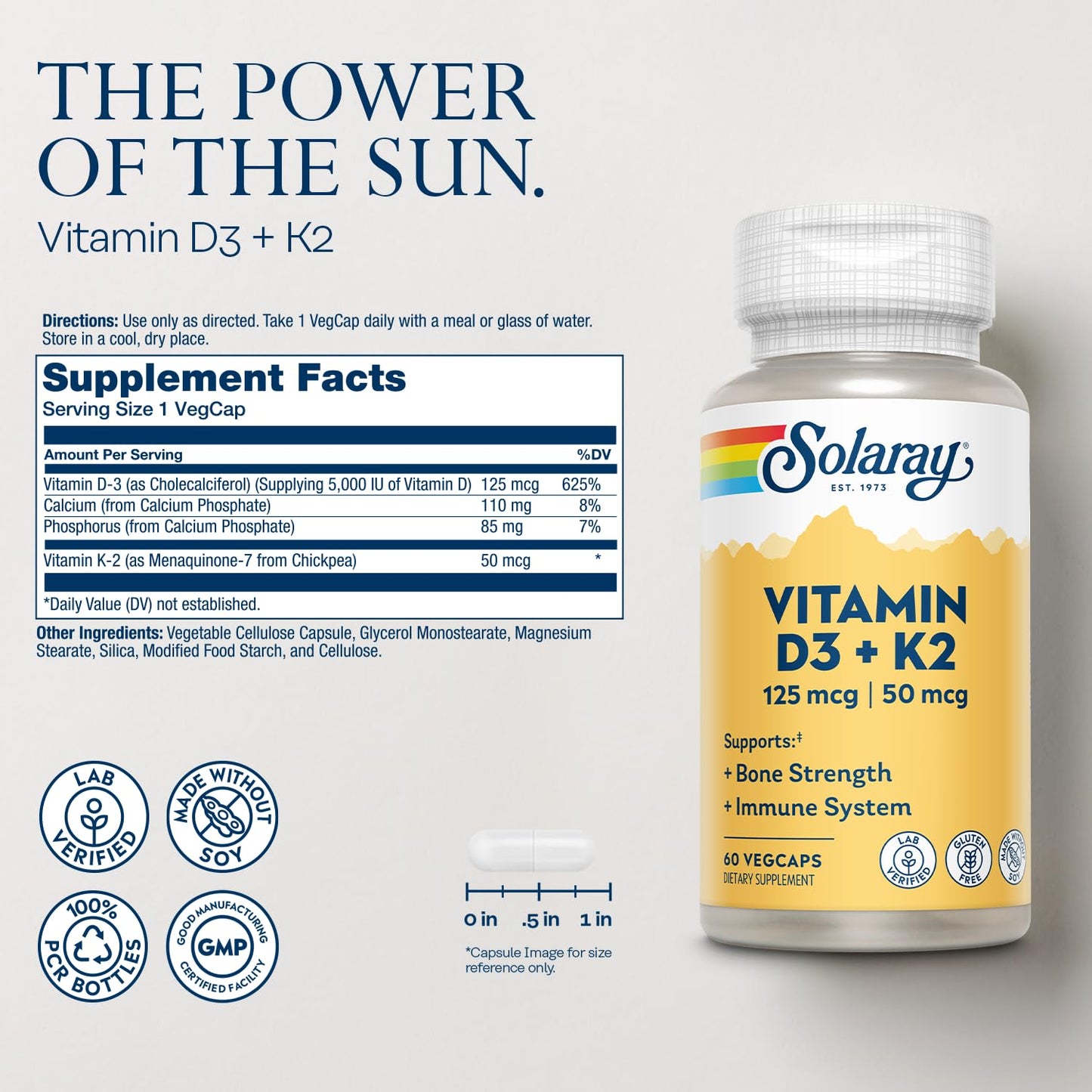 SOLARAY Vitamin D3 K2 - Bone Health and Immune Support Supplement - with 5000 IU Vitamin D as VIT D3 and 50 mcg Vitamin K2 as Menoquinone MK7, Made Without Soy, 60-Day Guarantee, 60 Serv, 60 VegCaps - Medaid International