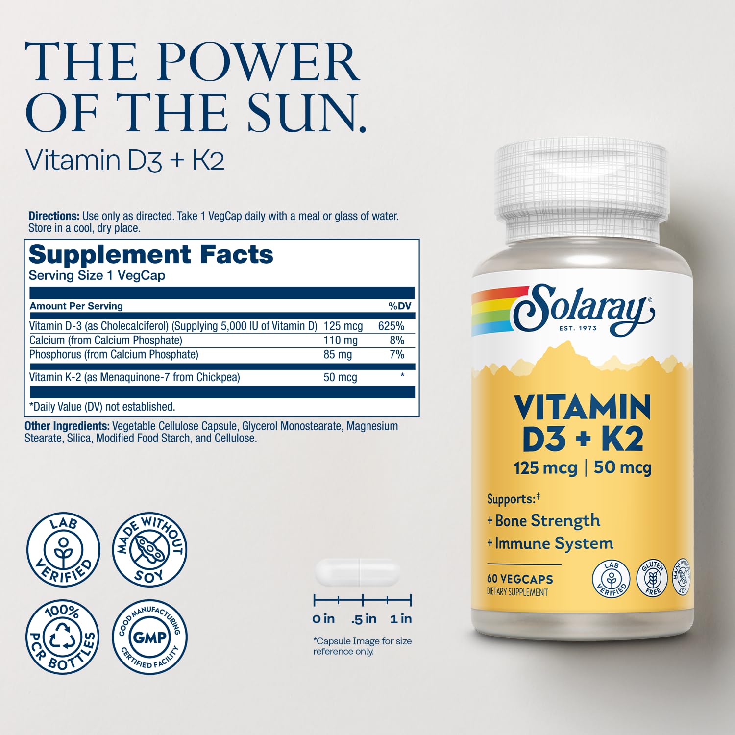 SOLARAY Vitamin D3 K2 - Bone Health and Immune Support Supplement - with 5000 IU Vitamin D as VIT D3 and 50 mcg Vitamin K2 as Menoquinone MK7, Made Without Soy, 60-Day Guarantee, 60 Serv, 60 VegCaps - Medaid International