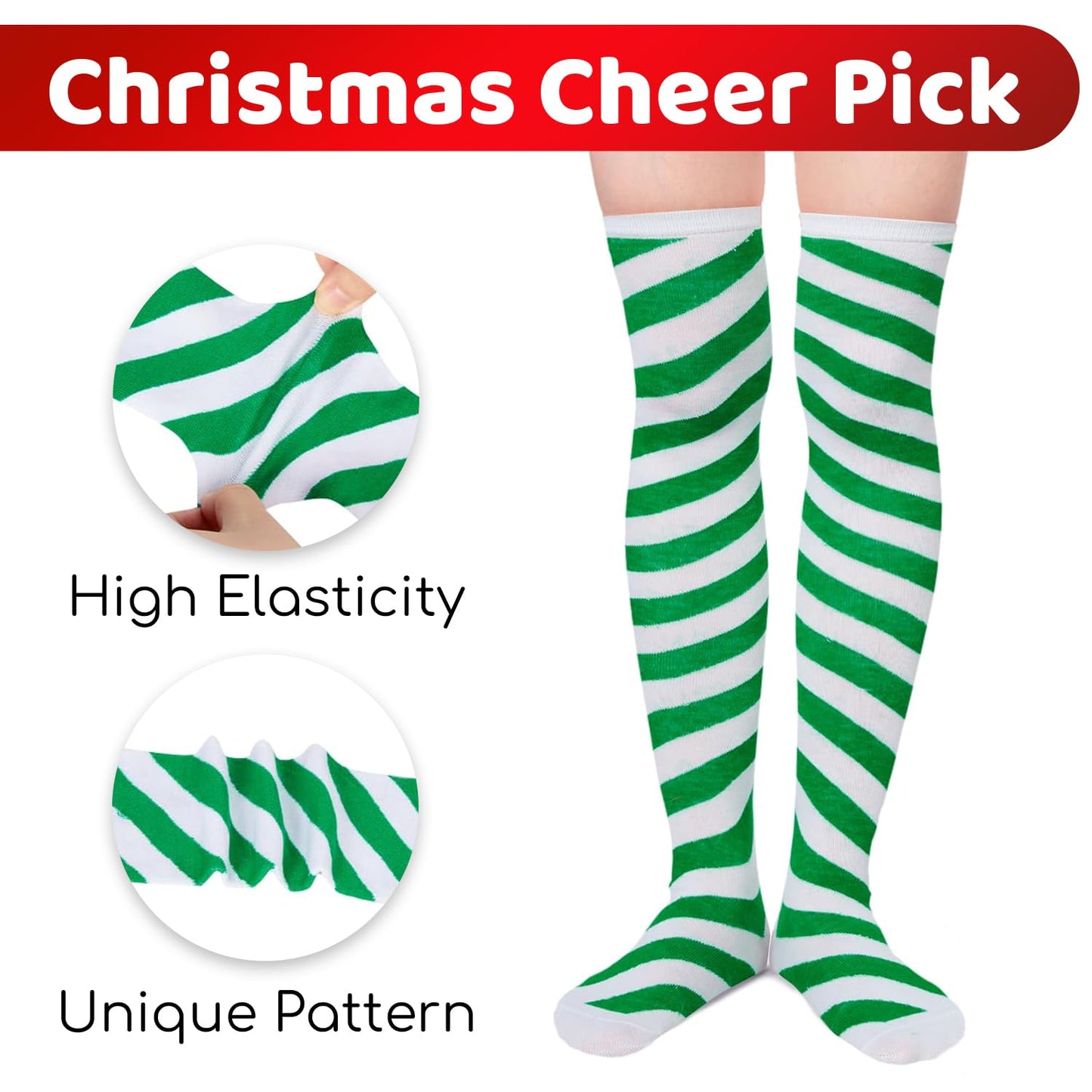 Christmas Knee High Socks - Red Green Elf Candy Cane Socks for Women 3 Pack - Medaid International