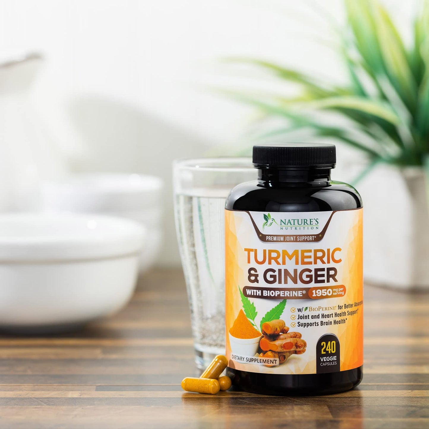 Turmeric Curcumin Supplement 1950mg - 95% Curcuminoids with Organic Turmeric & Ginger, BioPerine Black Pepper for Best Absorption, Nature's Vegan Joint Support, Non-GMO, Bottled in USA - 240 Capsules - Medaid International
