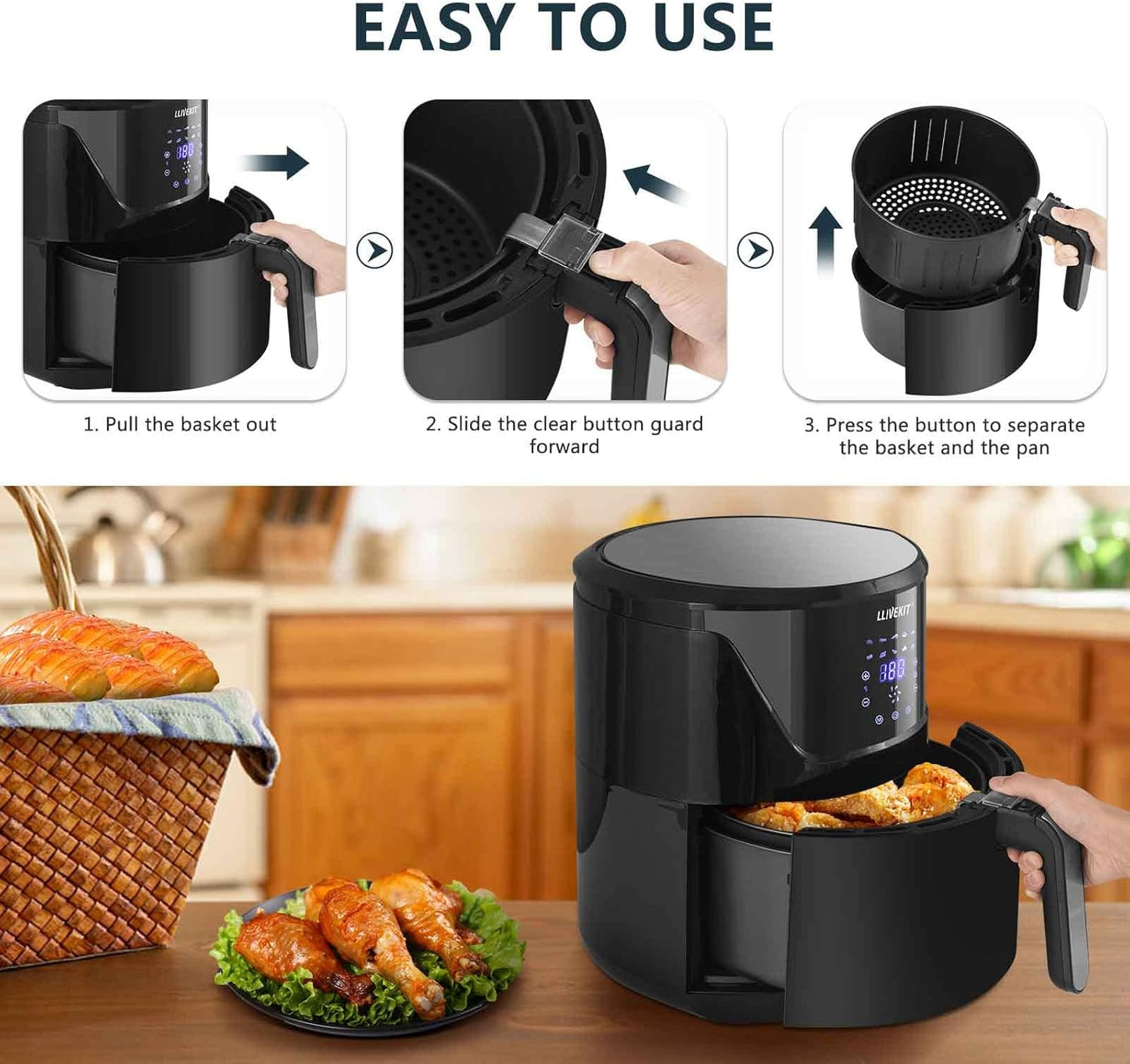 7L Large Air Fryer, 1800W + Digital Touch Screen - Black - Medaid International