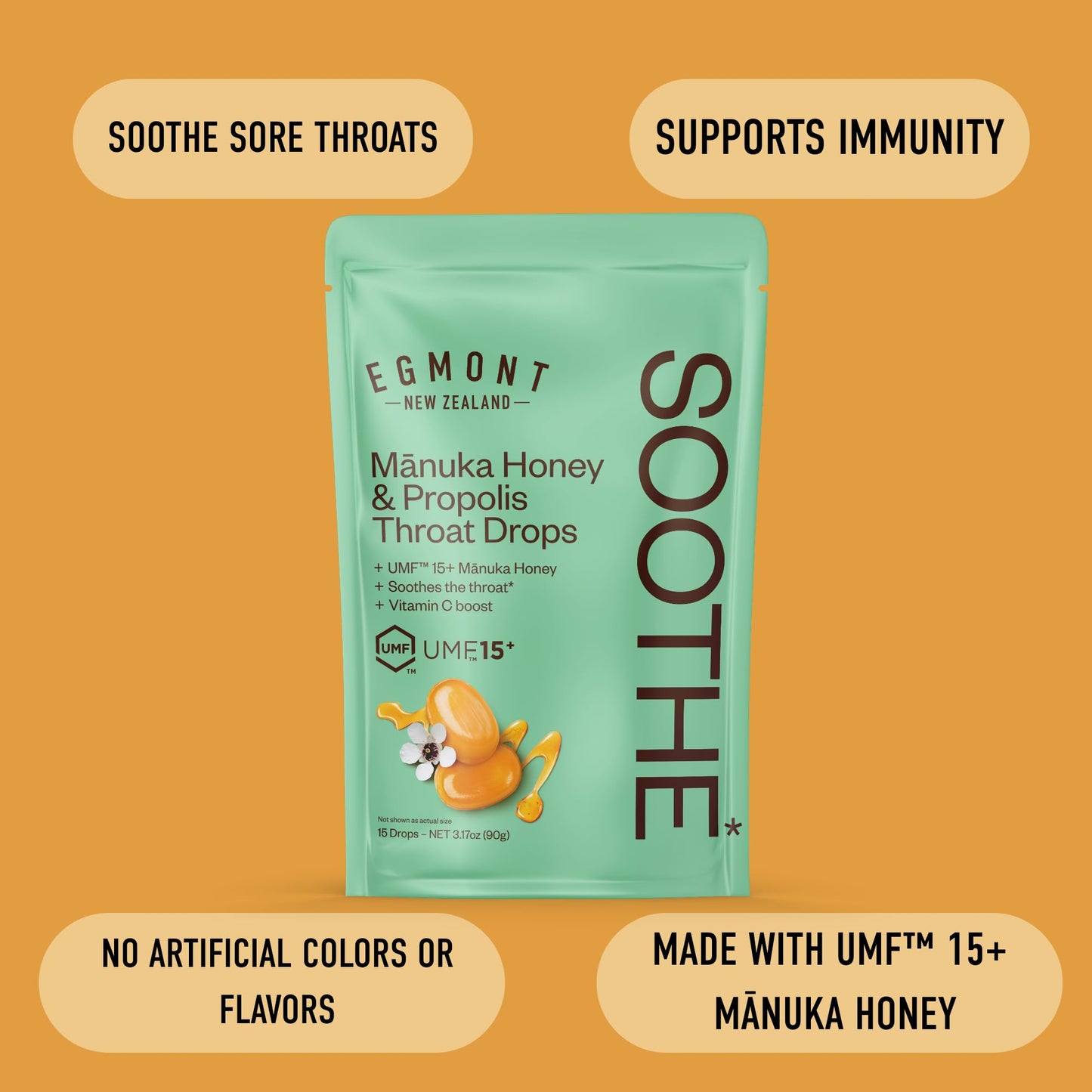 Egmont Honey Manuka Honey & Propolis Throat Drops 15 Count | UMF 15+ New Zealand Honey with Vitamin C | Natural Soothing Relief On-the-Go - Medaid International