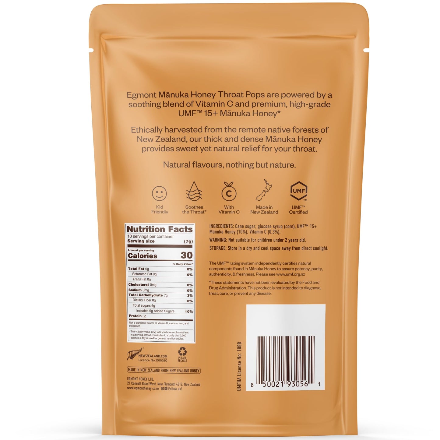 Egmont Honey Manuka Honey Throat Pops 10 Count | UMF 15+ New Zealand Honey with Vitamin C | Natural Soothing Lollipops - Medaid International