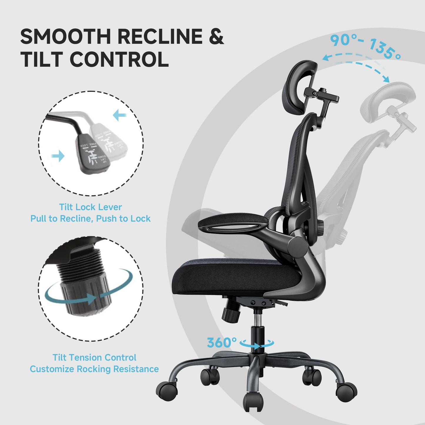 PKPT Ergonomic Desk Chair with Adjustable Lumbar Support & Headrest, 330 LBS High Back Mesh Office Chair with Adjustable Armrest for Long Hours, Executive Large Computer Chair, Black - Medaid International