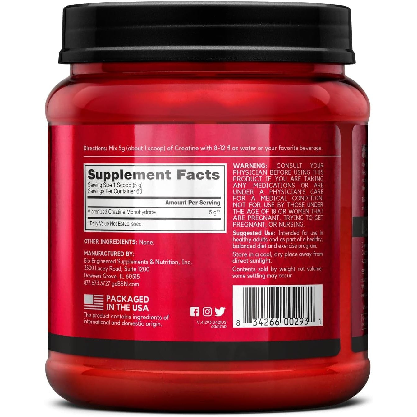 BSN Micronized Creatine Monohydrate Powder, Unflavored, 60 Servings, Supports Muscle Strength, 5g (5000mg) per Servings,Pure & Gluten Free, 5g (5000mg) per Servings - Medaid International