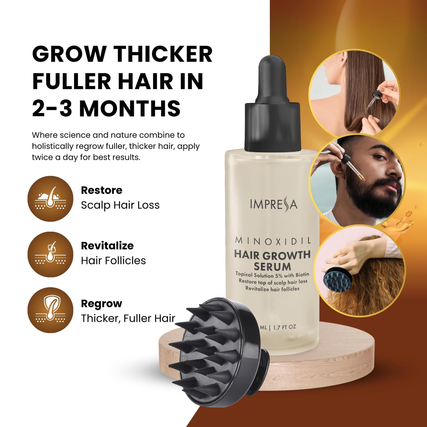 IMPRESSA Hair Growth Kit, 5% Minoxidil with Biotin and Natural Oil, Hair Regrowth for Men and Women, Hair Loss Treatments, Scalp Massager, 1.7 Fl Oz, Unisex Adult - Medaid International